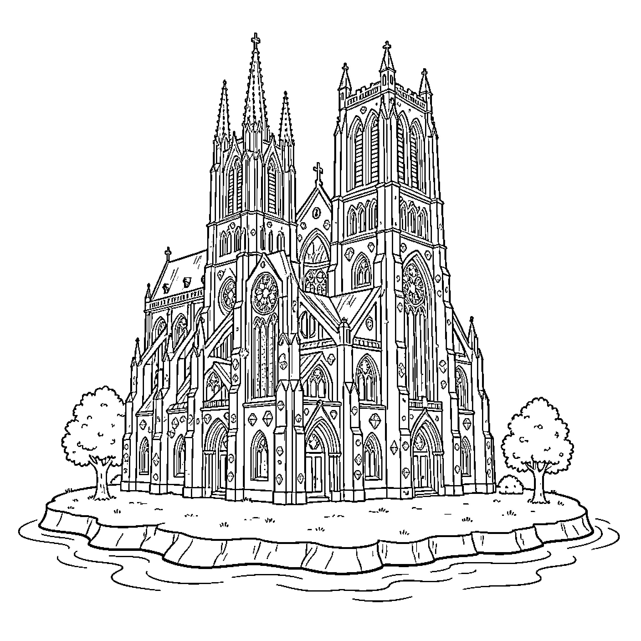 Cathedral standing majestically on a small island Coloring Page (free black-and-white line drawing printable PDF for all, from beginners to advanced learners, including children, teens, adults, and seniors)