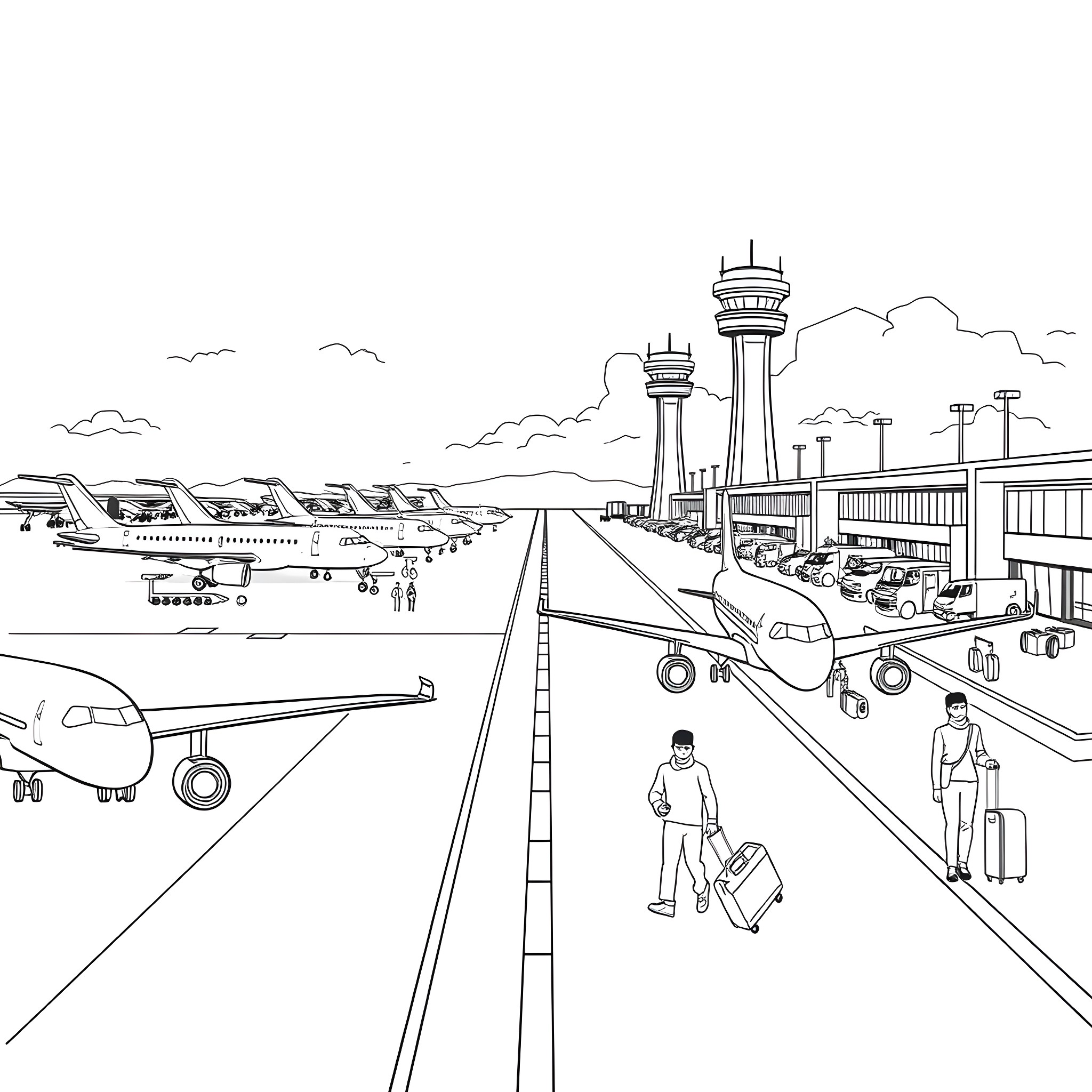 Airport Bustling with Airplanes, Passengers, and Activity Coloring Page (free black-and-white line drawing printable PDF for all, from beginners to advanced learners, including children, teens, adults, and seniors)