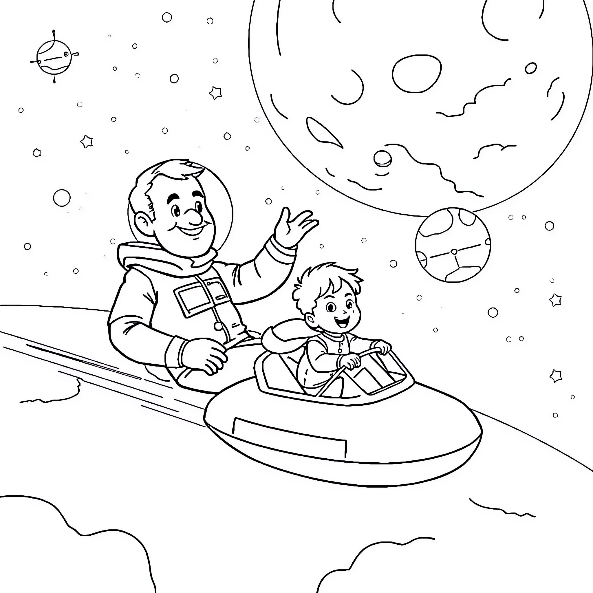 Father and son in a space shuttle exploring the galaxy Coloring Page (free black-and-white line drawing printable PDF for all, from beginners to advanced learners, including children, teens, adults, and seniors)