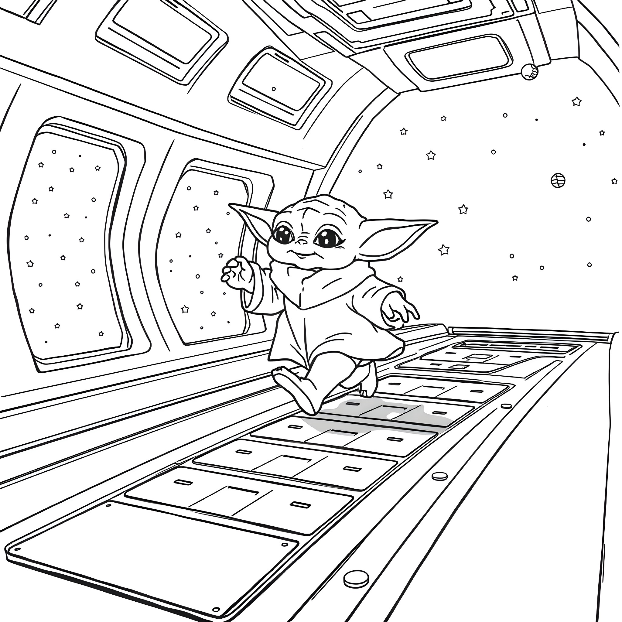 Baby Yoda exploring the starship interior Coloring Page (free black-and-white line drawing printable PDF for all, from beginners to advanced learners, including children, teens, adults, and seniors)
