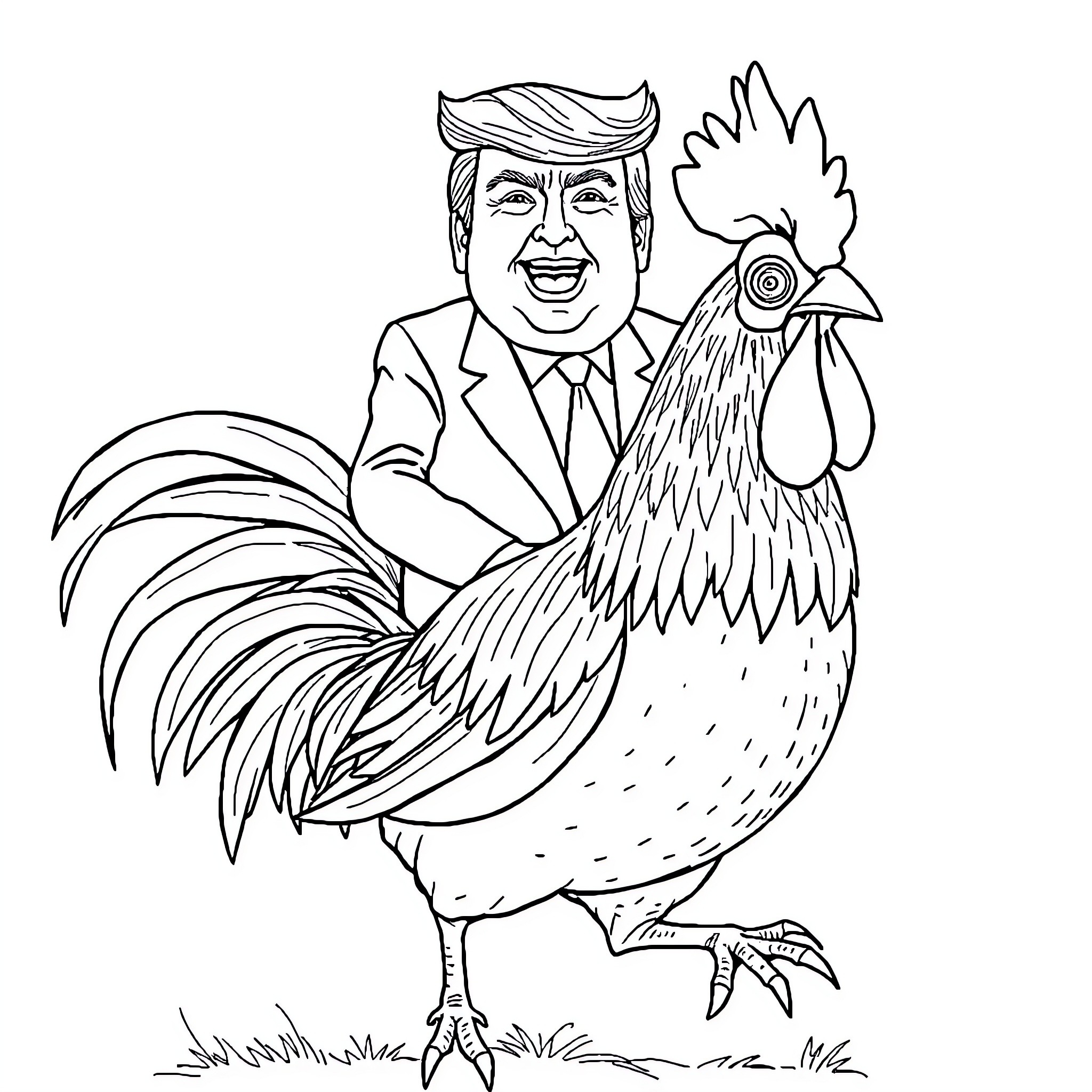 Donald Trump hugging a rooster in a suit Coloring Page (free black-and-white line drawing printable PDF for all, from beginners to advanced learners, including children, teens, adults, and seniors)