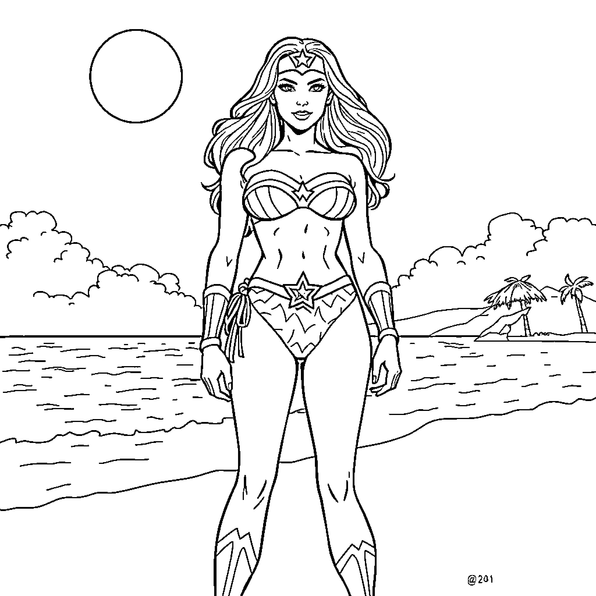 Wonder Woman posing confidently on the beach Coloring Page (free black-and-white line drawing printable PDF for all, from beginners to advanced learners, including children, teens, adults, and seniors)