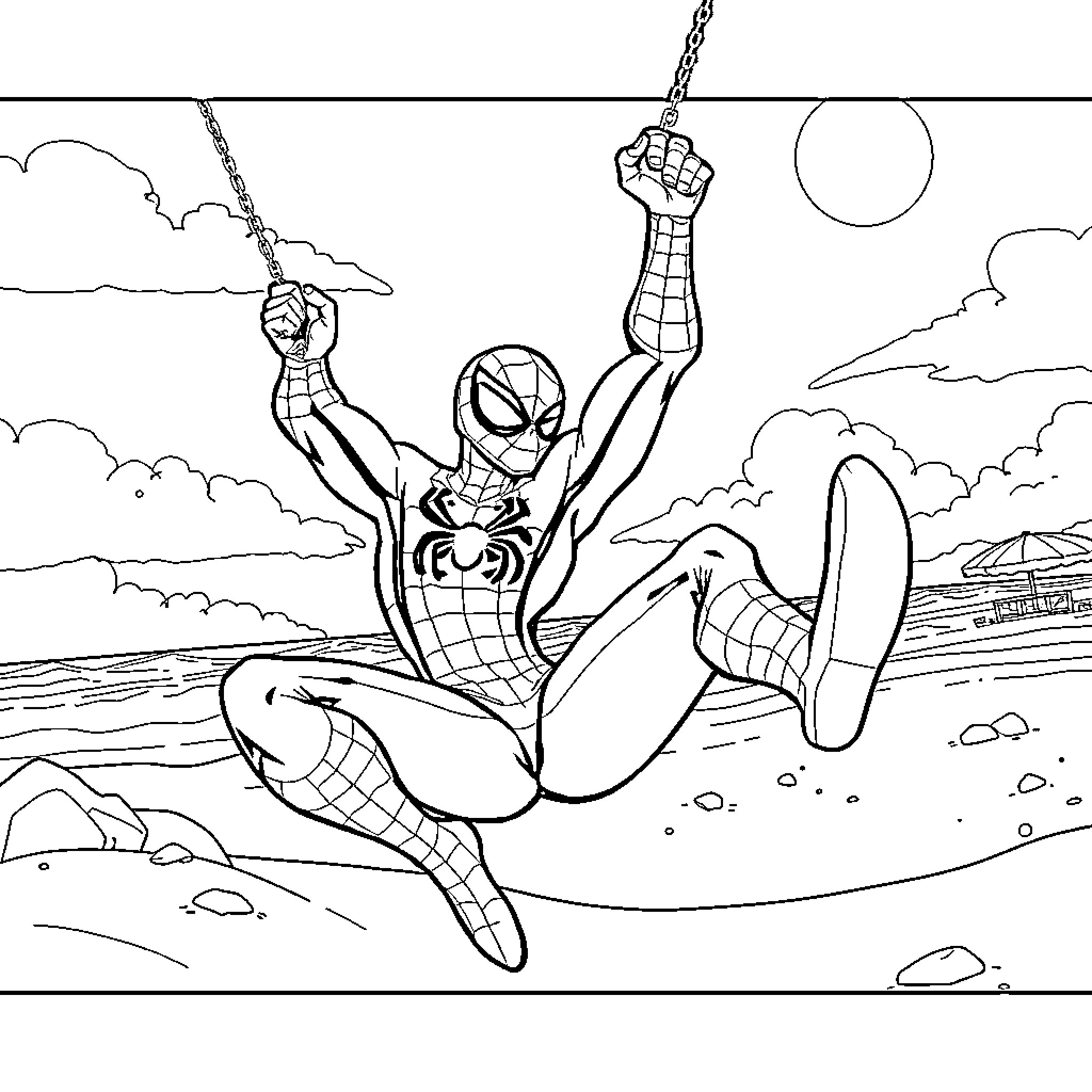 Spiderman swinging with confident pose in action scene Coloring Page (free black-and-white line drawing printable PDF for all, from beginners to advanced learners, including children, teens, adults, and seniors)