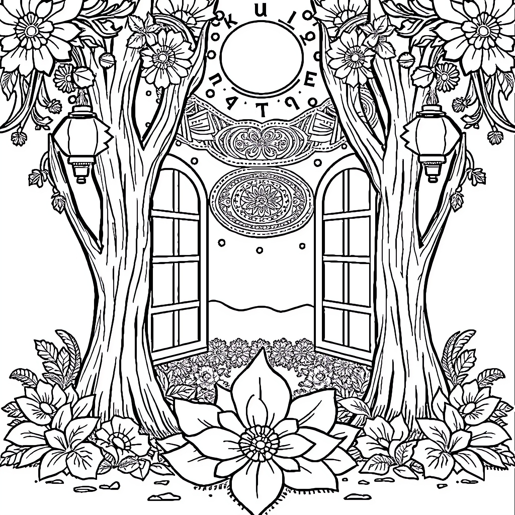 سبايرمان يستكشف غابة الأزهار والنوافذ الجميلة Coloring Page (free black-and-white line drawing printable PDF for all, from beginners to advanced learners, including children, teens, adults, and seniors)