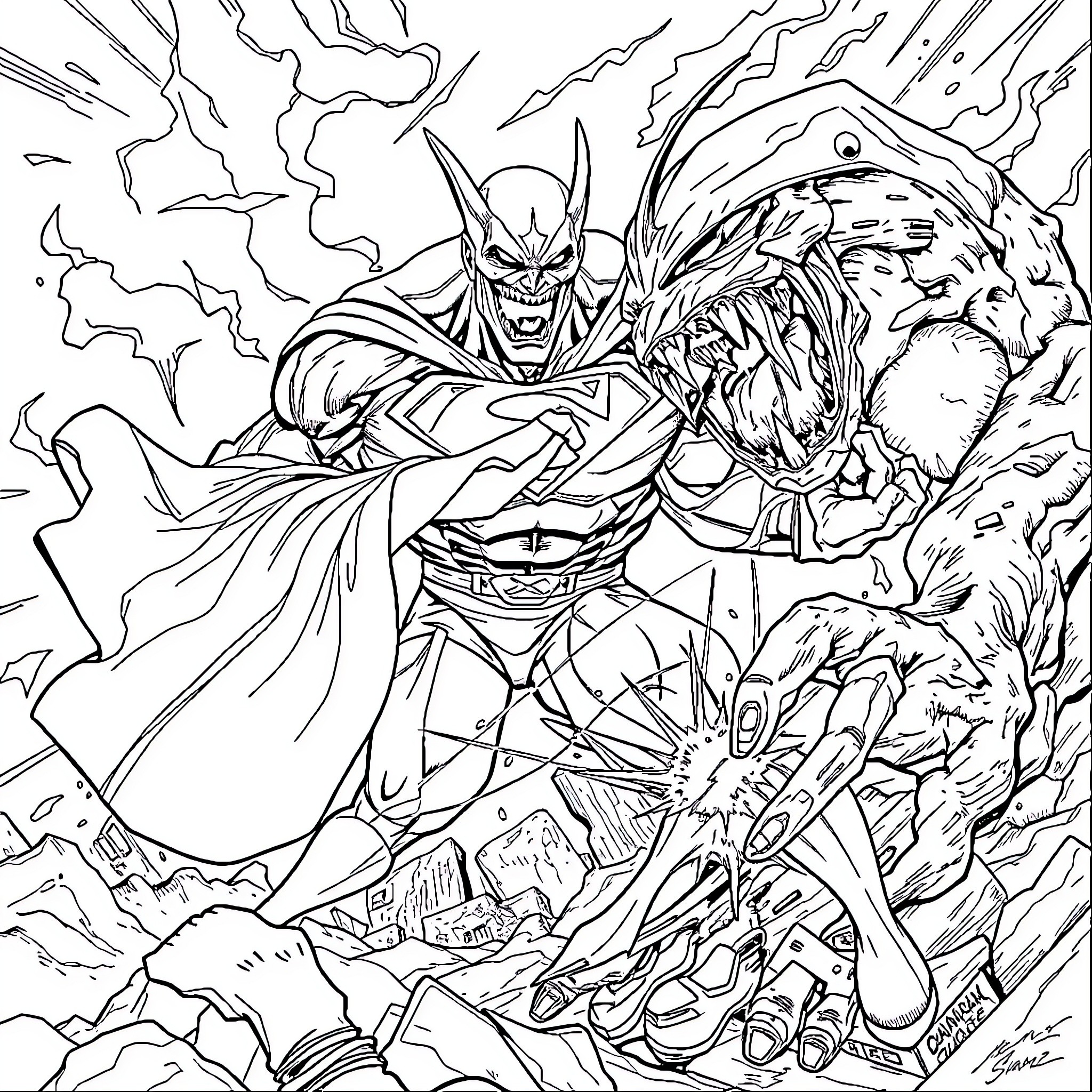 Superman Battling Powerful Villain in Dramatic Scene Coloring Page (free black-and-white line drawing printable PDF for all, from beginners to advanced learners, including children, teens, adults, and seniors)