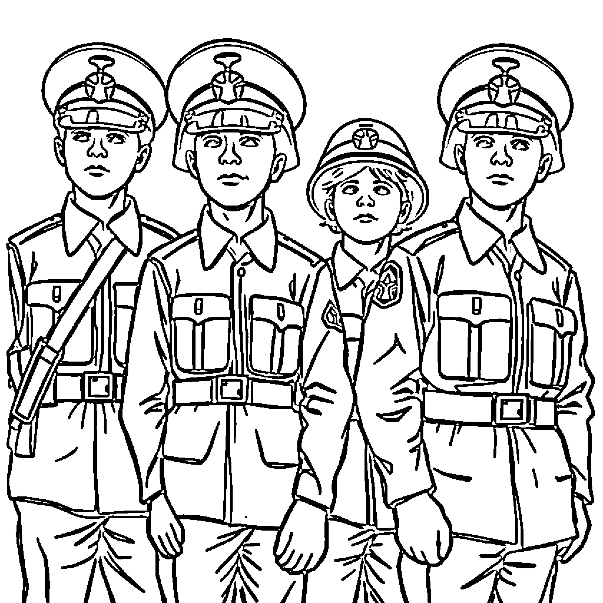 Military Soldiers in Uniform with Serious Expressions Coloring Page (free black-and-white line drawing printable PDF for all, from beginners to advanced learners, including children, teens, adults, and seniors)