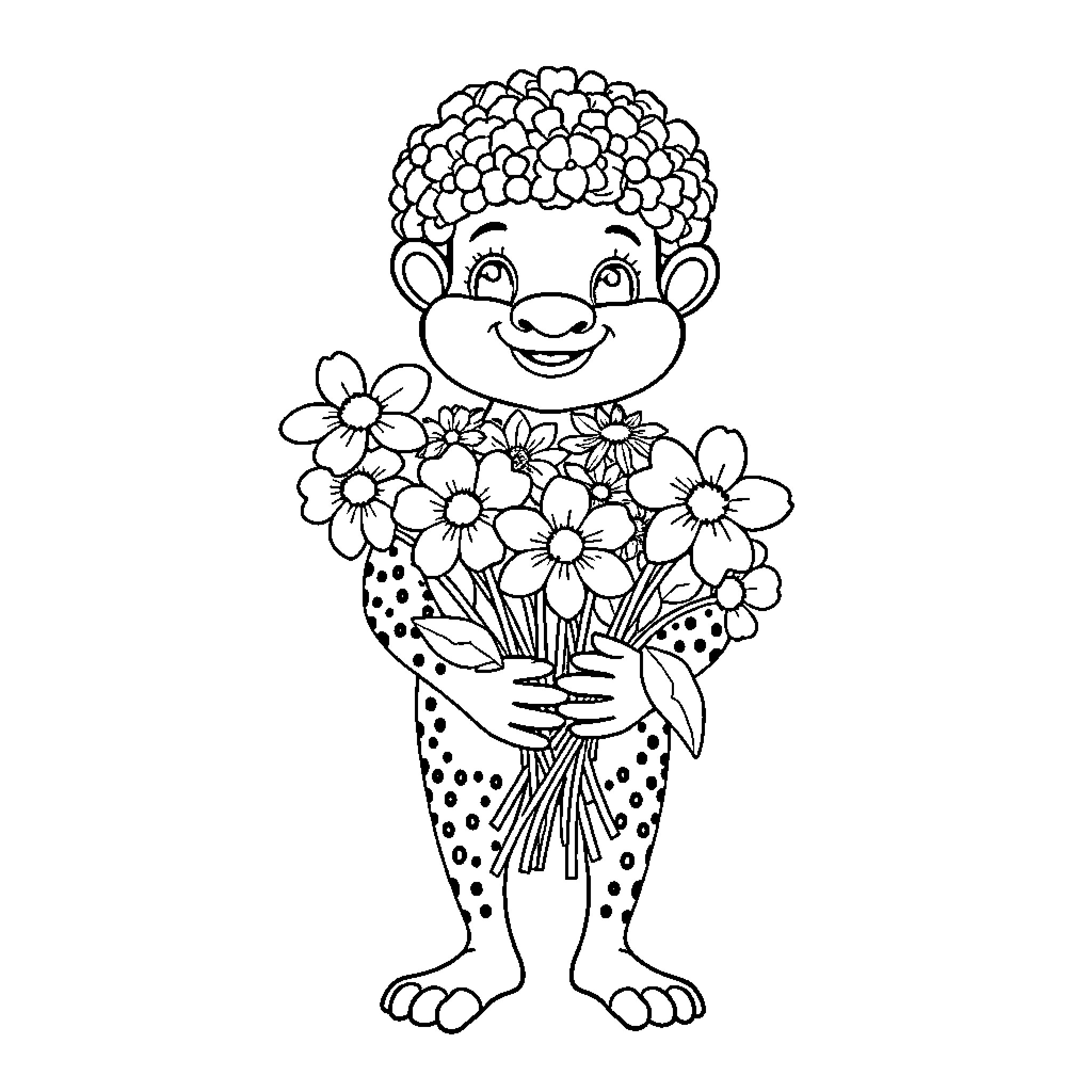 Labubu holding a bouquet of flowers Coloring Page (free black-and-white line drawing printable PDF for all, from beginners to advanced learners, including children, teens, adults, and seniors)