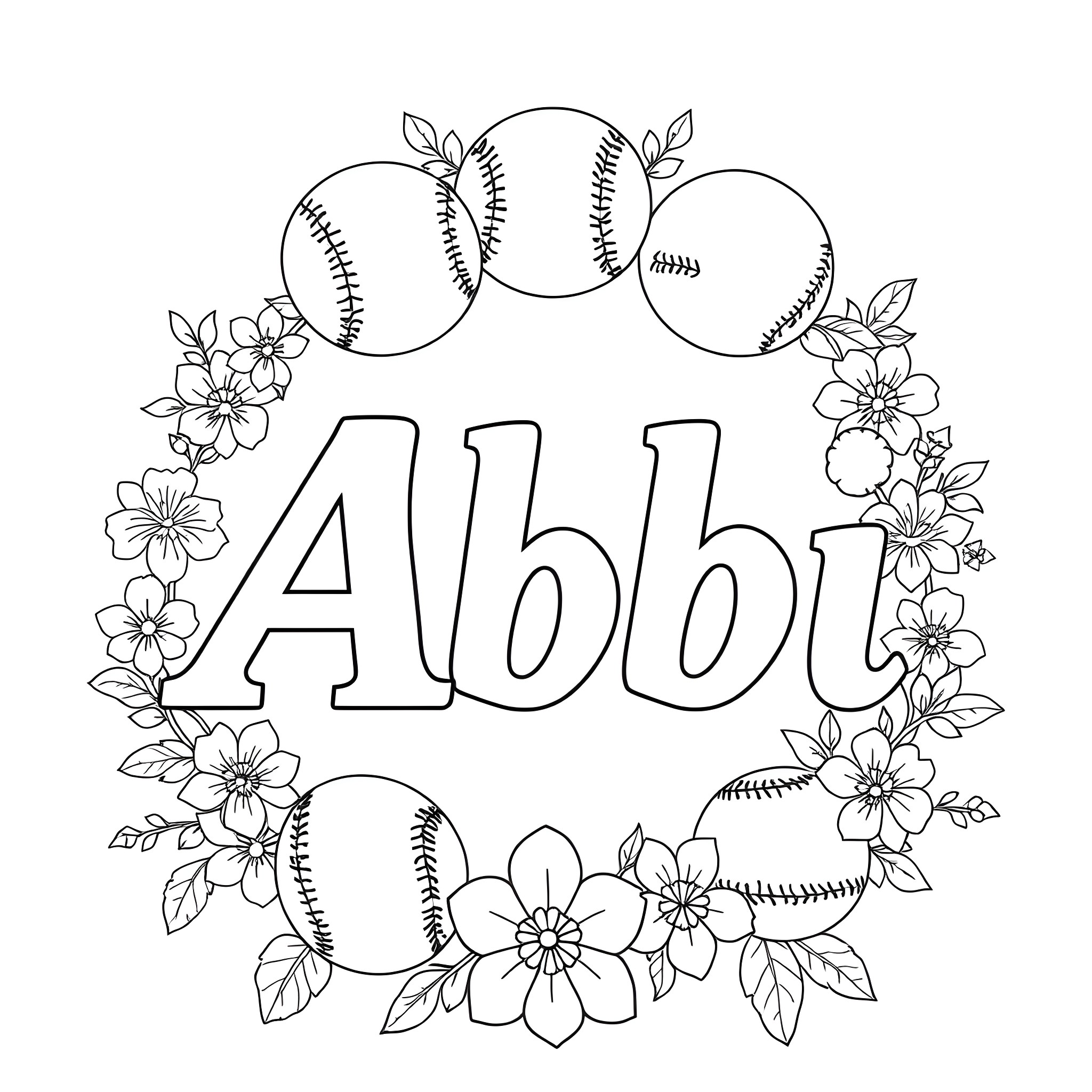 ABBI's Floral Baseballs Coloring Page (free black-and-white line drawing printable PDF for all, from beginners to advanced learners, including children, teens, adults, and seniors)