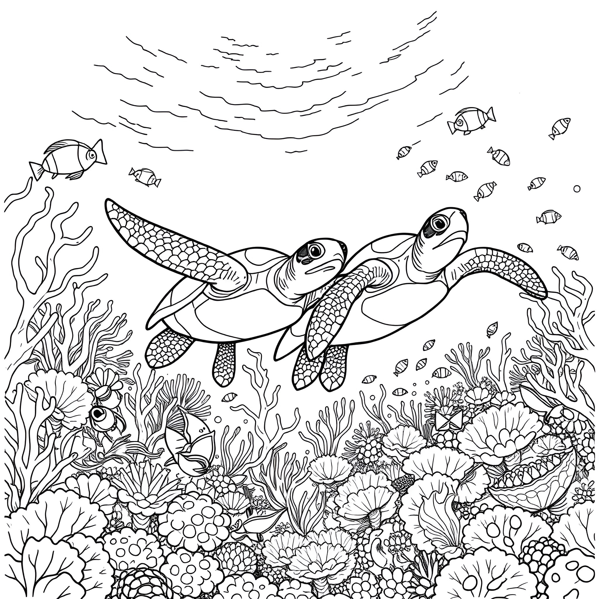 Sea Turtle swimming among tropical fish and coral reefs Coloring Page (free black-and-white line drawing printable PDF for all, from beginners to advanced learners, including children, teens, adults, and seniors)