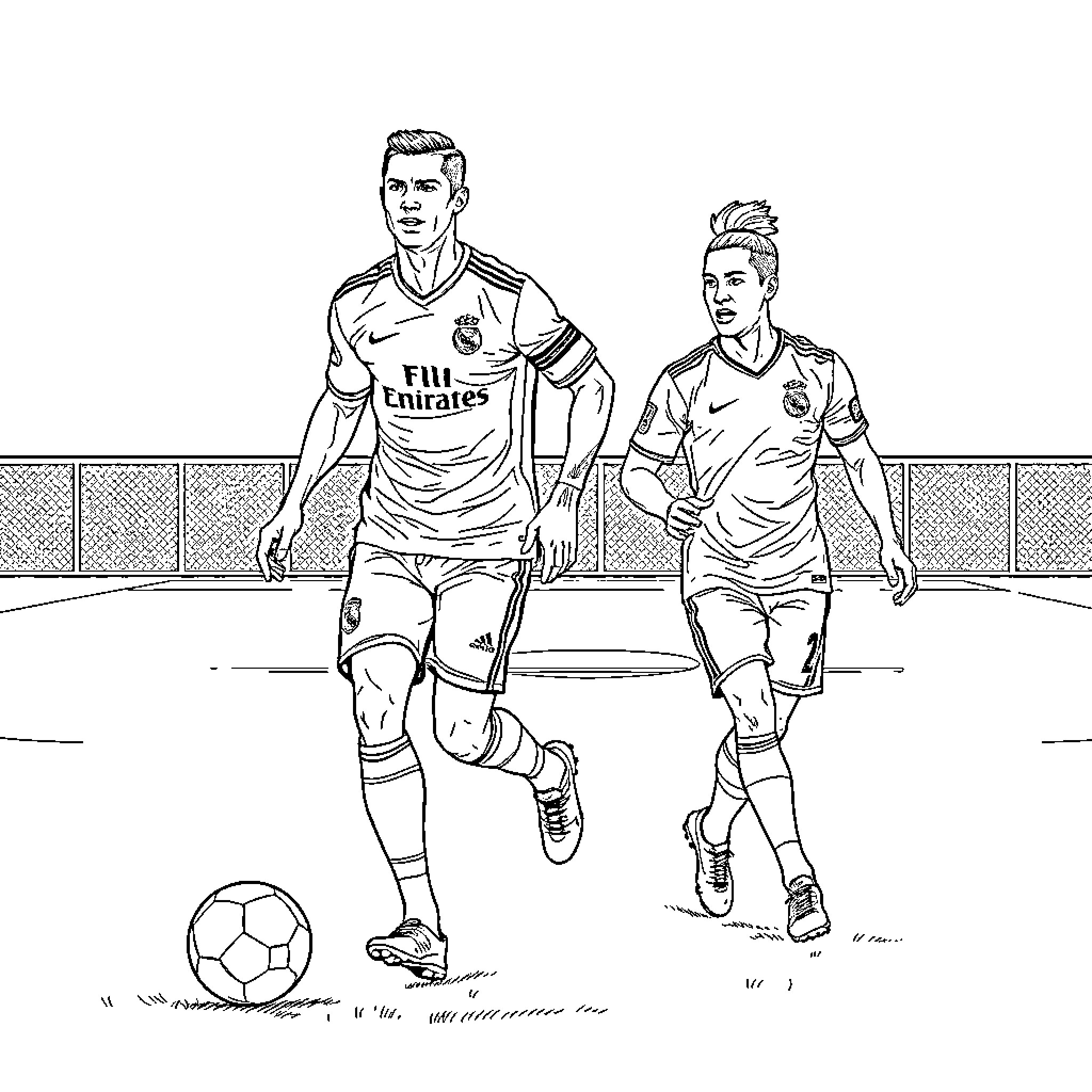 Cristiano Ronaldo and Teammates Playing Soccer on the Field Coloring Page (free black-and-white line drawing printable PDF for all, from beginners to advanced learners, including children, teens, adults, and seniors)