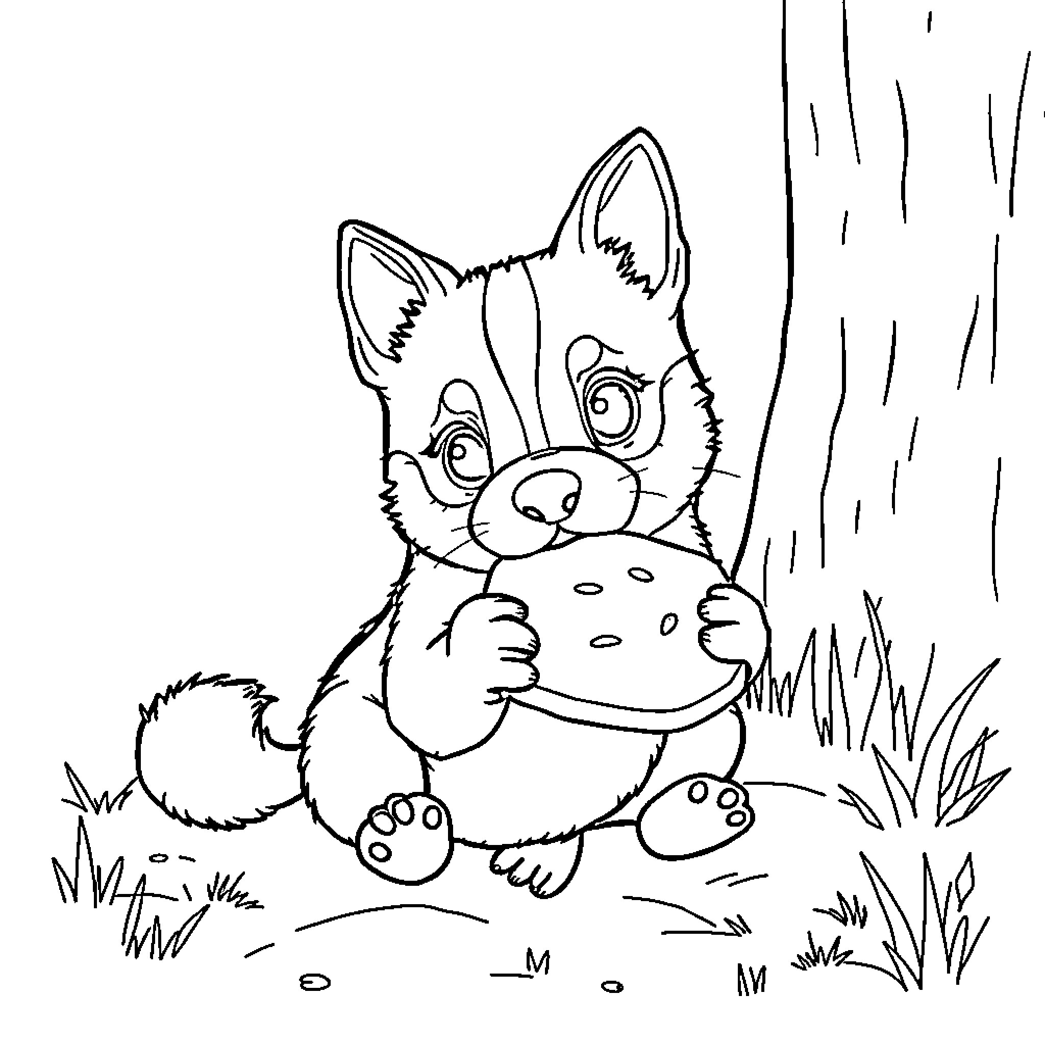 Puppy exploring and playing in nature Coloring Page (free black-and-white line drawing printable PDF for all, from beginners to advanced learners, including children, teens, adults, and seniors)