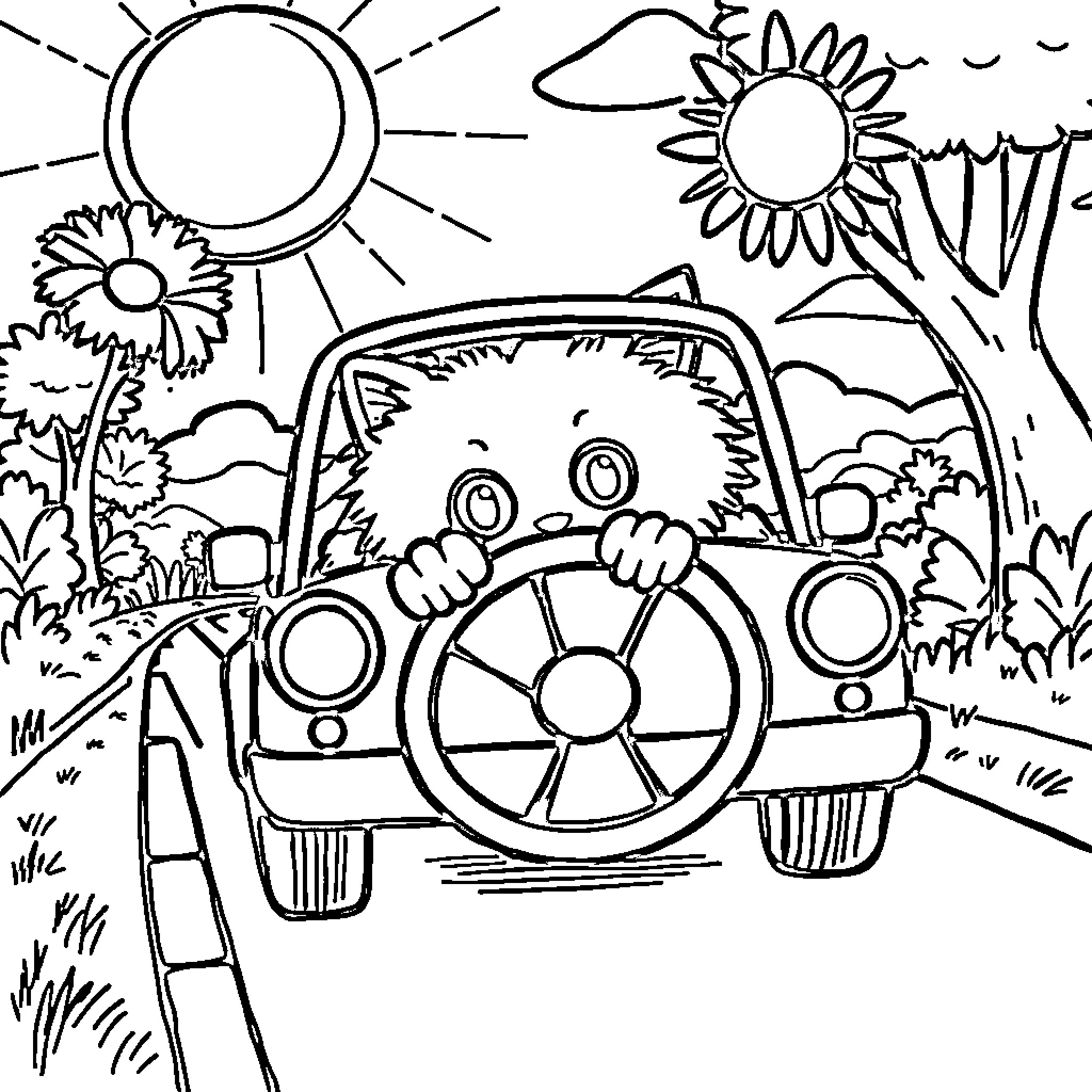 Cat driving a car in a nature landscape Coloring Page (free black-and-white line drawing printable PDF for all, from beginners to advanced learners, including children, teens, adults, and seniors)