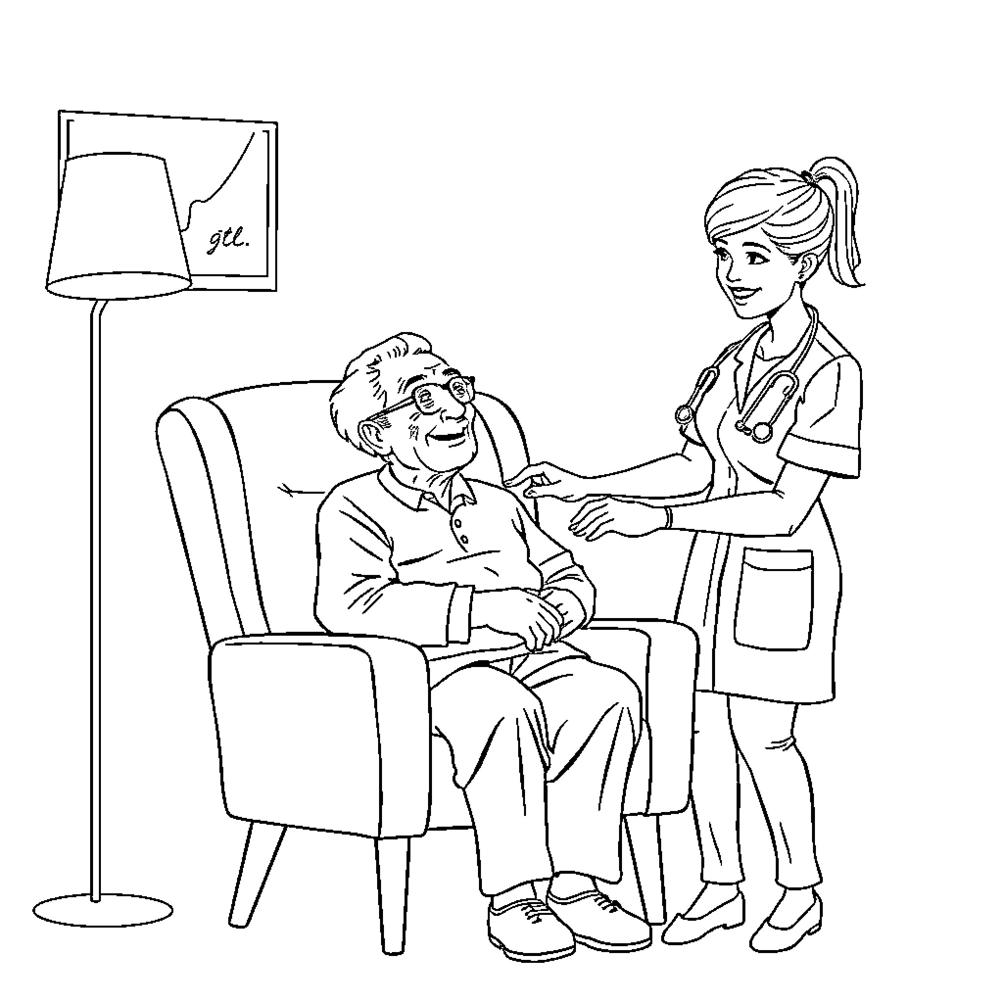 Elder receiving medical care from attentive nurse Coloring Page (free black-and-white line drawing printable PDF for all, from beginners to advanced learners, including children, teens, adults, and seniors)