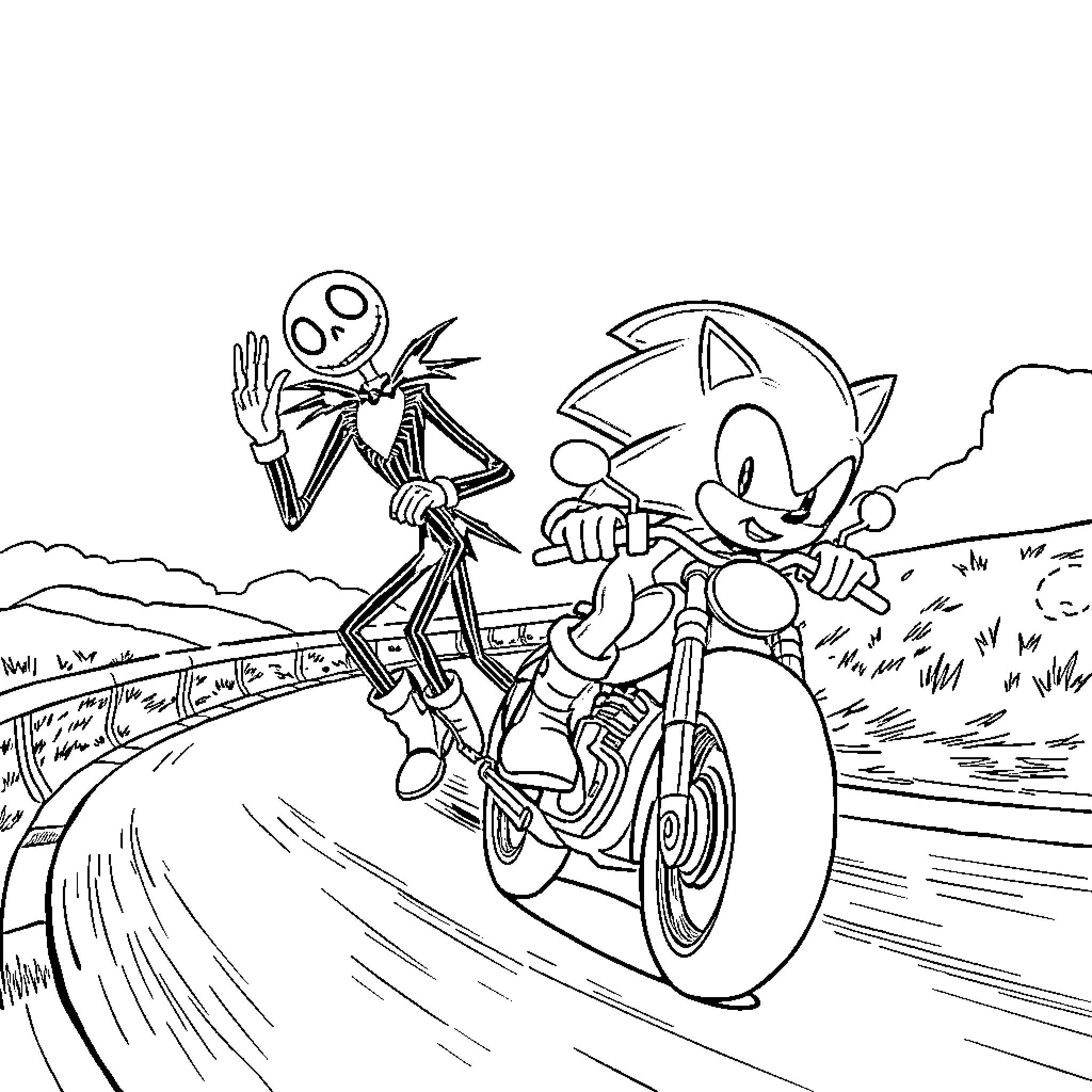 Sonic speeding on a motorcycle while skeletal antagonist pursues Coloring Page (free black-and-white line drawing printable PDF for all, from beginners to advanced learners, including children, teens, adults, and seniors)