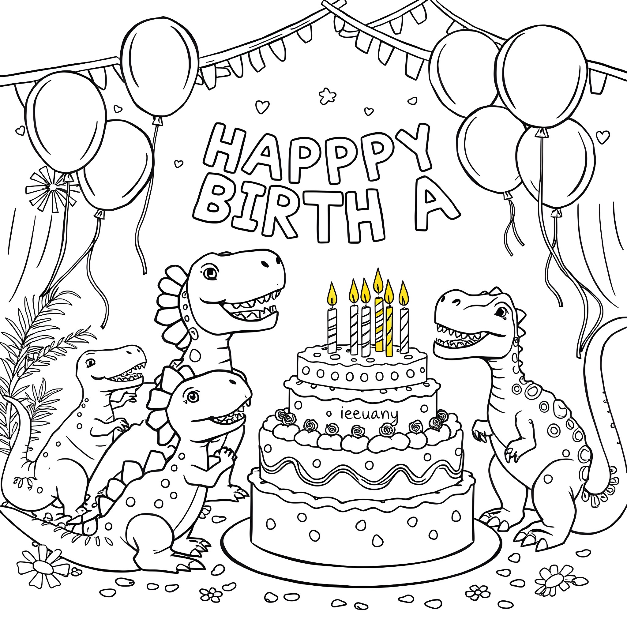 Dinosaur Birthday Party with Cake and Balloons Coloring Page (free black-and-white line drawing printable PDF for all, from beginners to advanced learners, including children, teens, adults, and seniors)