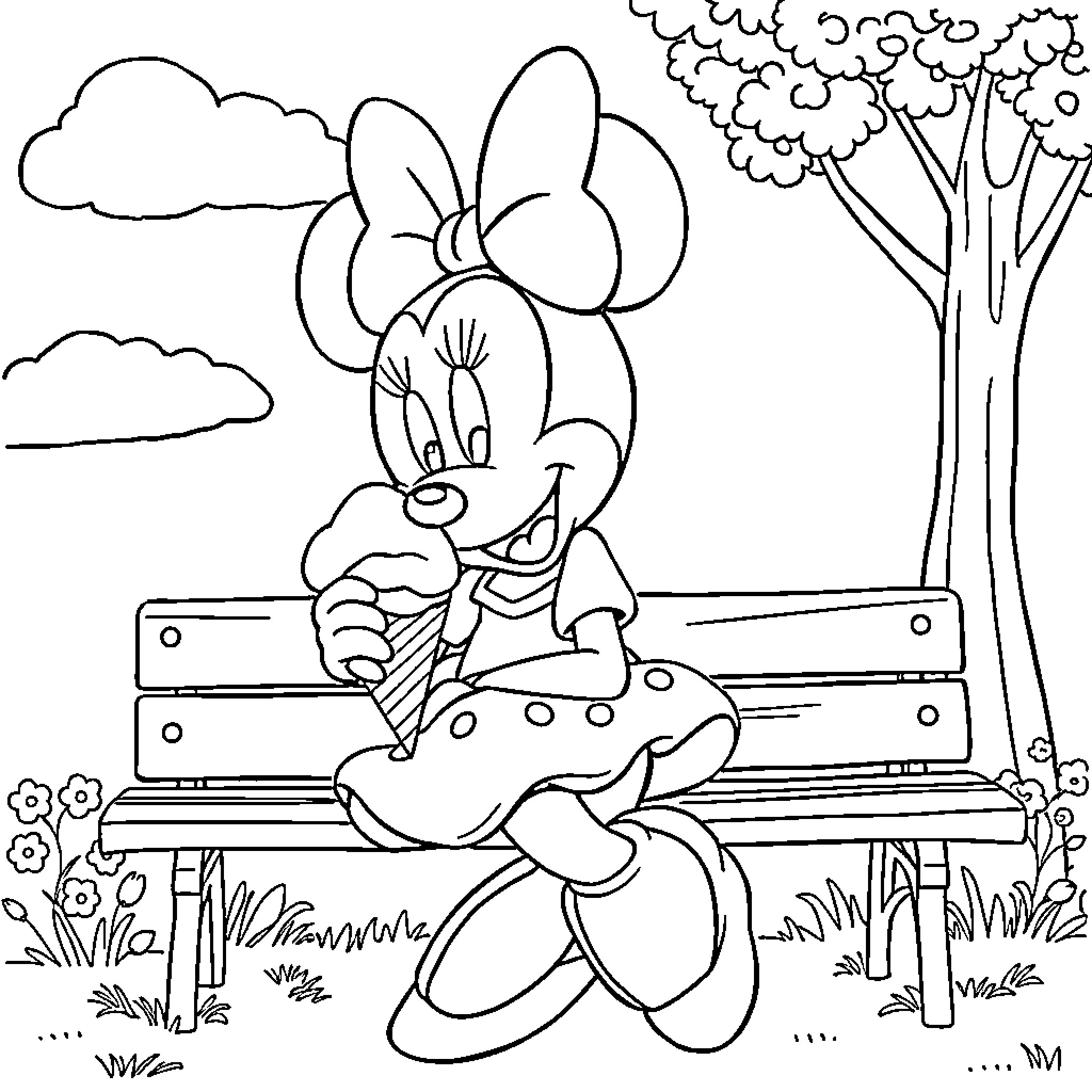 Minnie Mouse sitting happily on a park bench Coloring Page (free black-and-white line drawing printable PDF for all, from beginners to advanced learners, including children, teens, adults, and seniors)