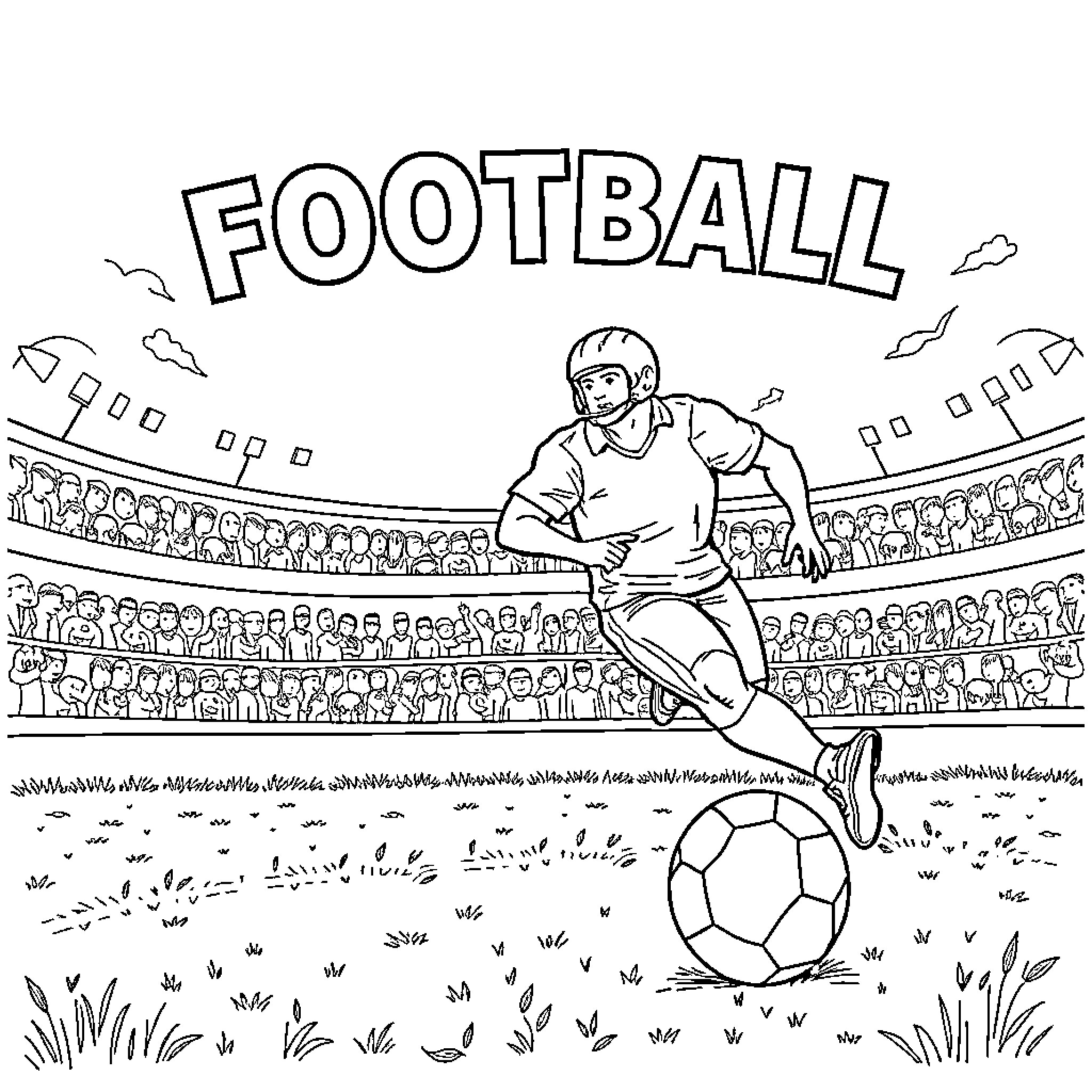 Football players on the field with crowds Coloring Page (free black-and-white line drawing printable PDF for all, from beginners to advanced learners, including children, teens, adults, and seniors)