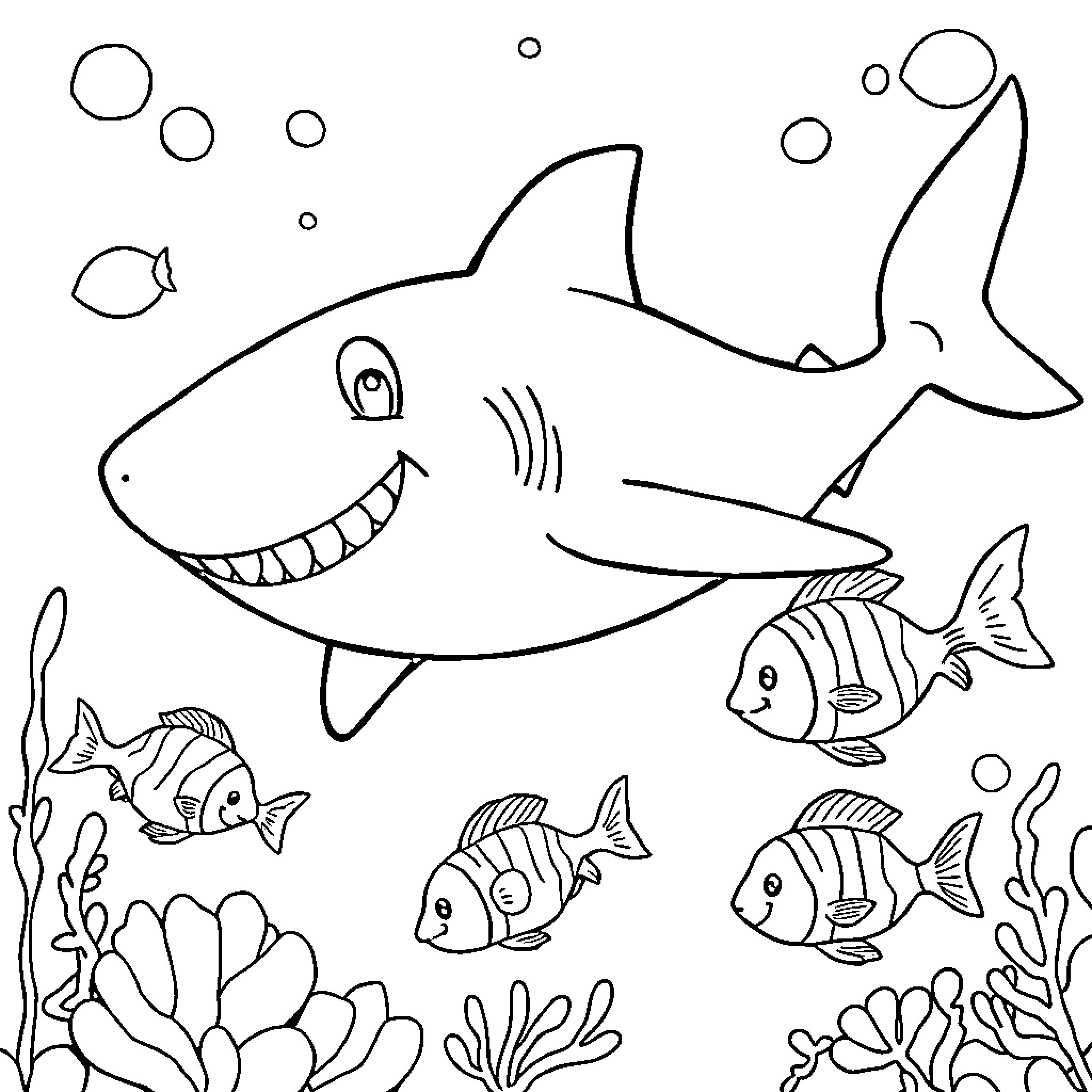 Shark swimming among colorful fish Coloring Page (free black-and-white line drawing printable PDF for all, from beginners to advanced learners, including children, teens, adults, and seniors)