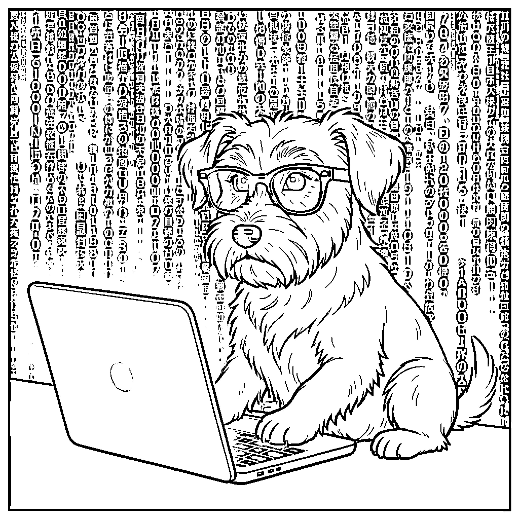 Teckel puppy working diligently on laptop Coloring Page (free black-and-white line drawing printable PDF for all, from beginners to advanced learners, including children, teens, adults, and seniors)