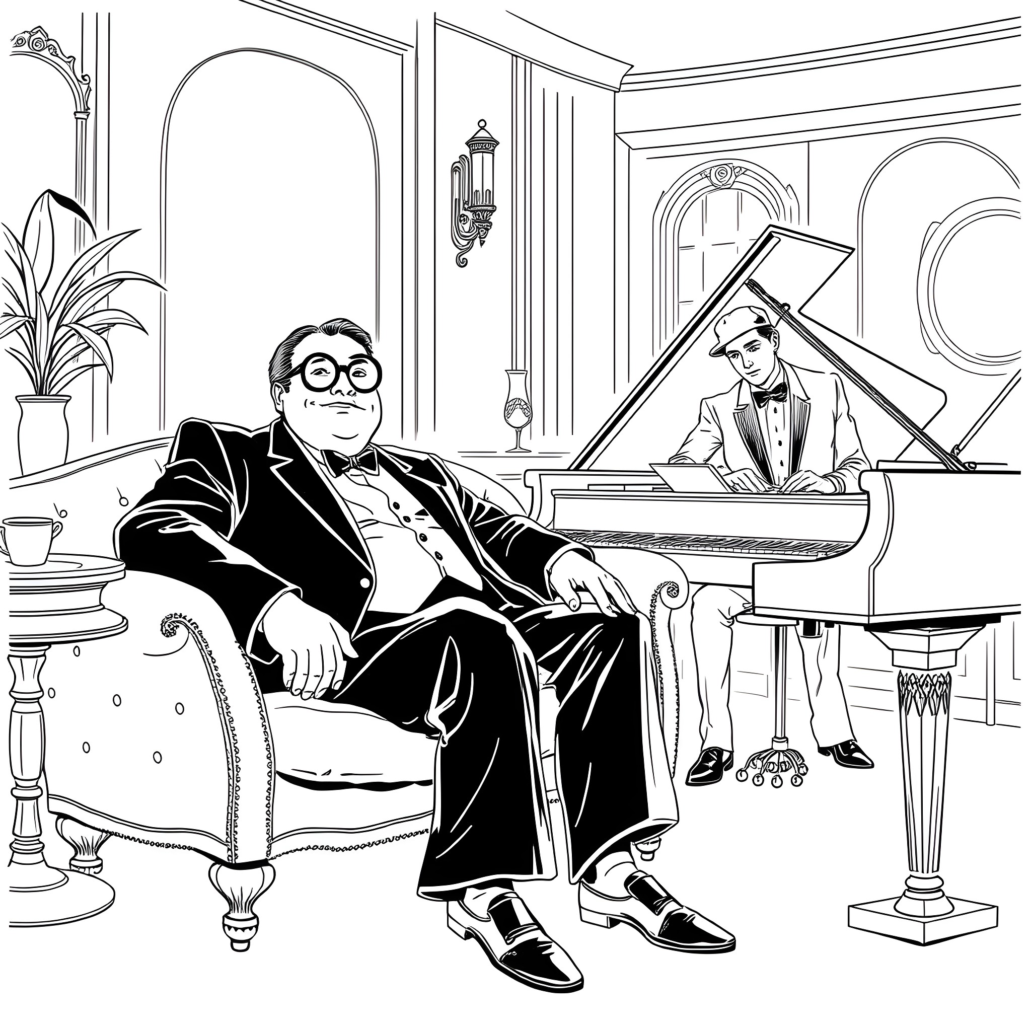 Man sitting in a lavish office with a piano player Coloring Page (free black-and-white line drawing printable PDF for all, from beginners to advanced learners, including children, teens, adults, and seniors)