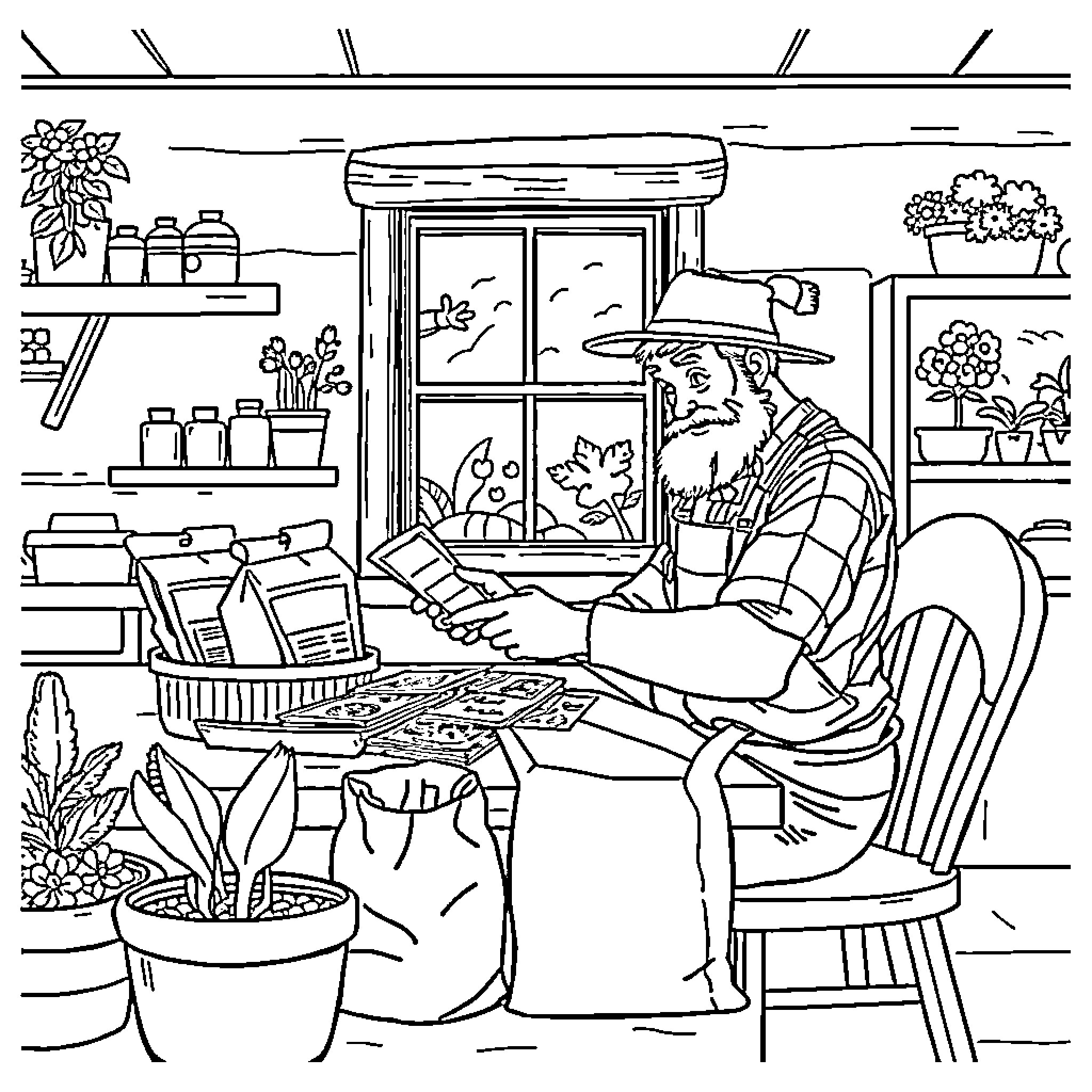 Farmer tending to plants and garden in cozy home setting Coloring Page (free black-and-white line drawing printable PDF for all, from beginners to advanced learners, including children, teens, adults, and seniors)