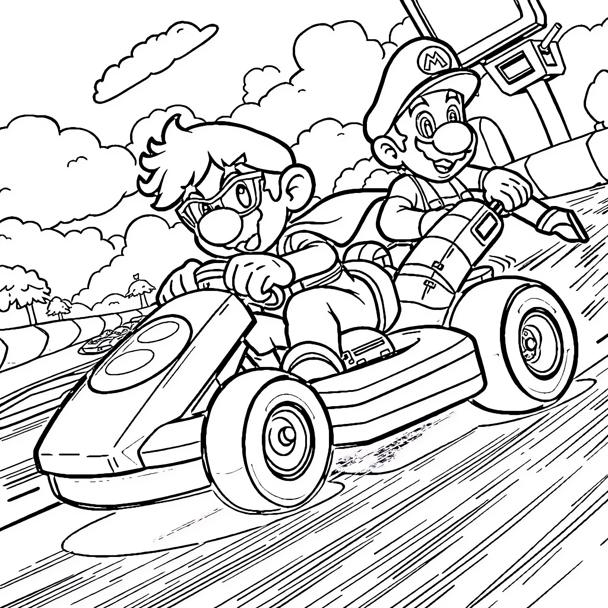 Robin and friend race in go-karts through the clouds Coloring Page (free black-and-white line drawing printable PDF for all, from beginners to advanced learners, including children, teens, adults, and seniors)