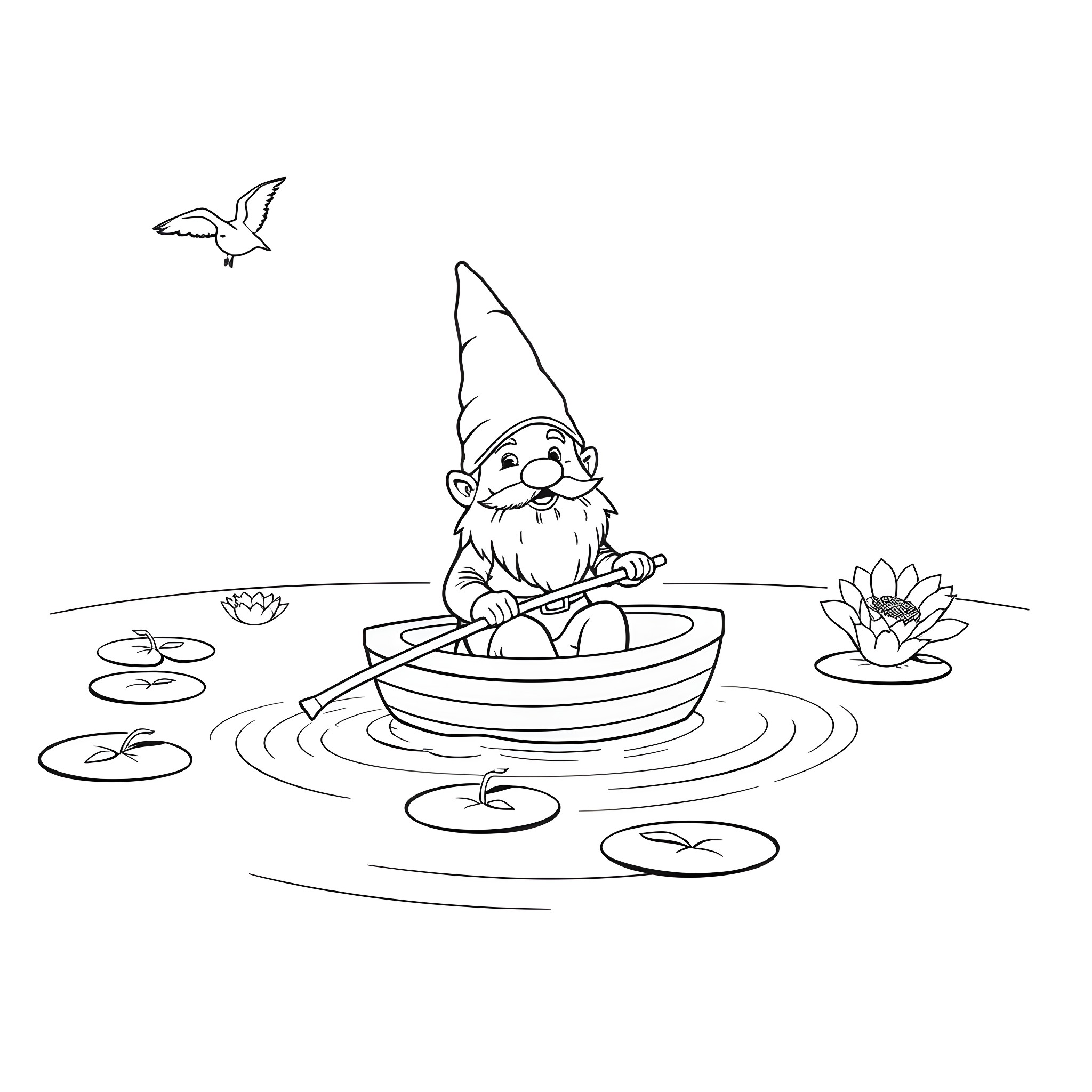 Gnome Paddling in Peaceful Pond Coloring Page (free black-and-white line drawing printable PDF for all, from beginners to advanced learners, including children, teens, adults, and seniors)