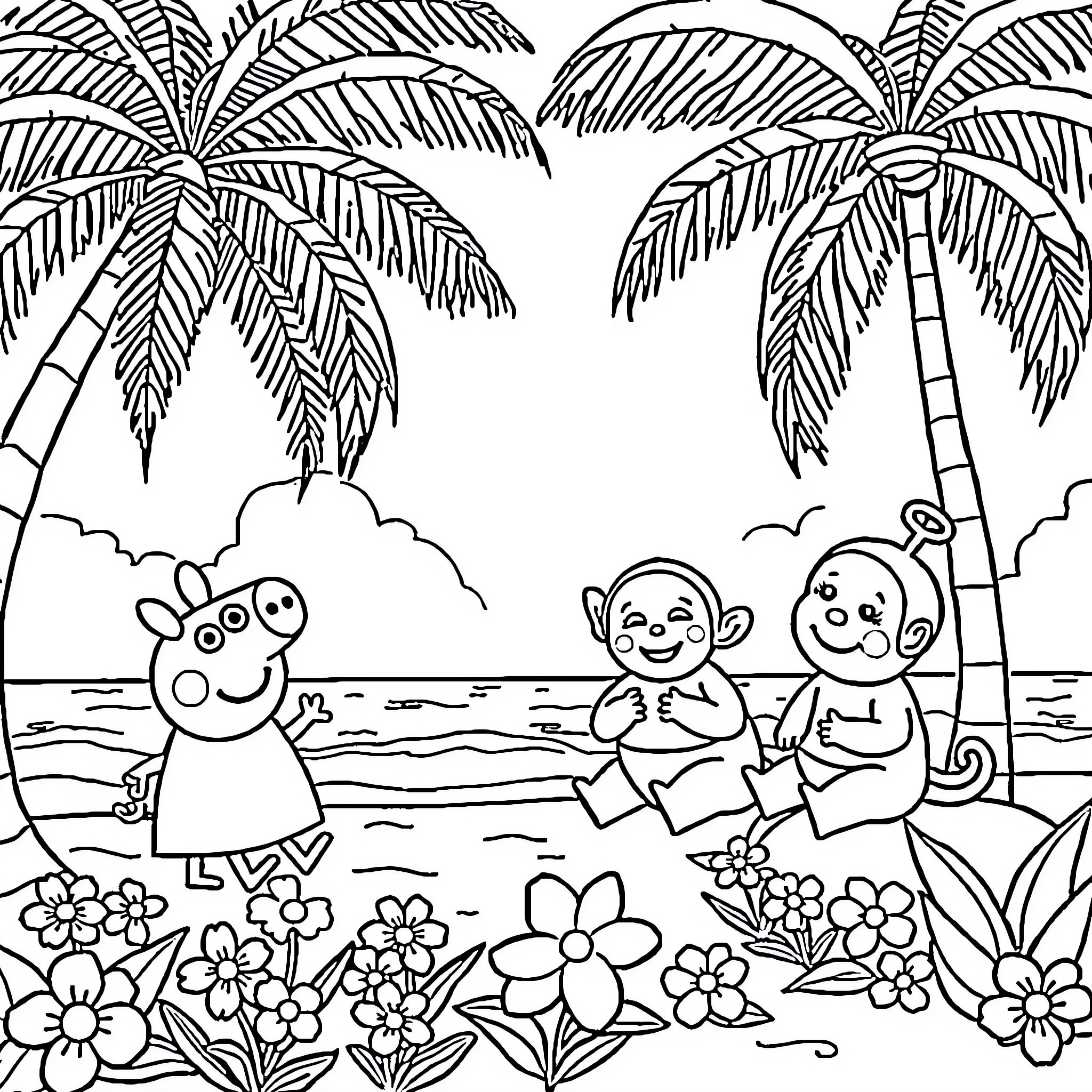 Peppa Pig and friends enjoying a tropical beach scene Coloring Page (free black-and-white line drawing printable PDF for all, from beginners to advanced learners, including children, teens, adults, and seniors)