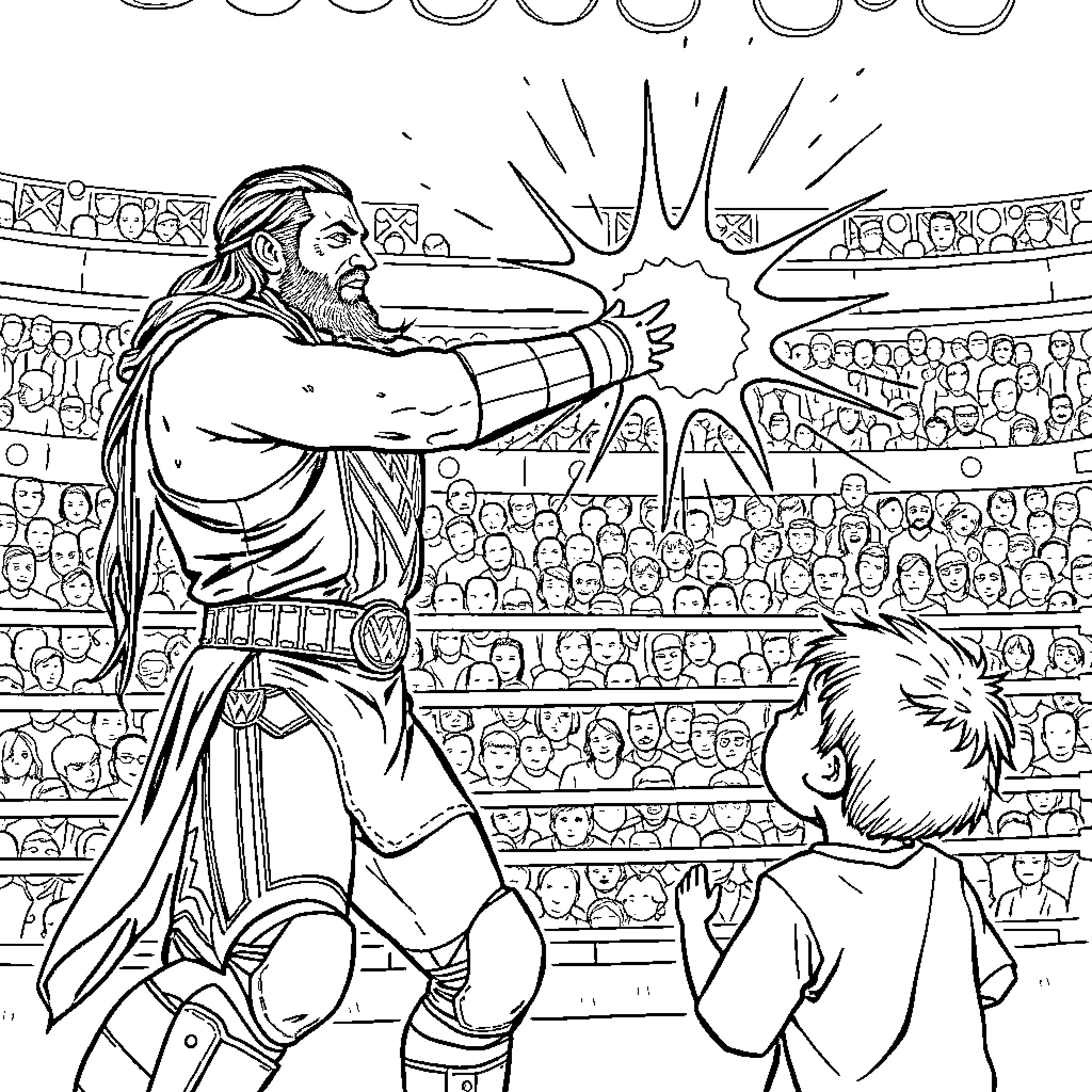 Roman Reigns Dominates the Arena Coloring Page (free black-and-white line drawing printable PDF for all, from beginners to advanced learners, including children, teens, adults, and seniors)