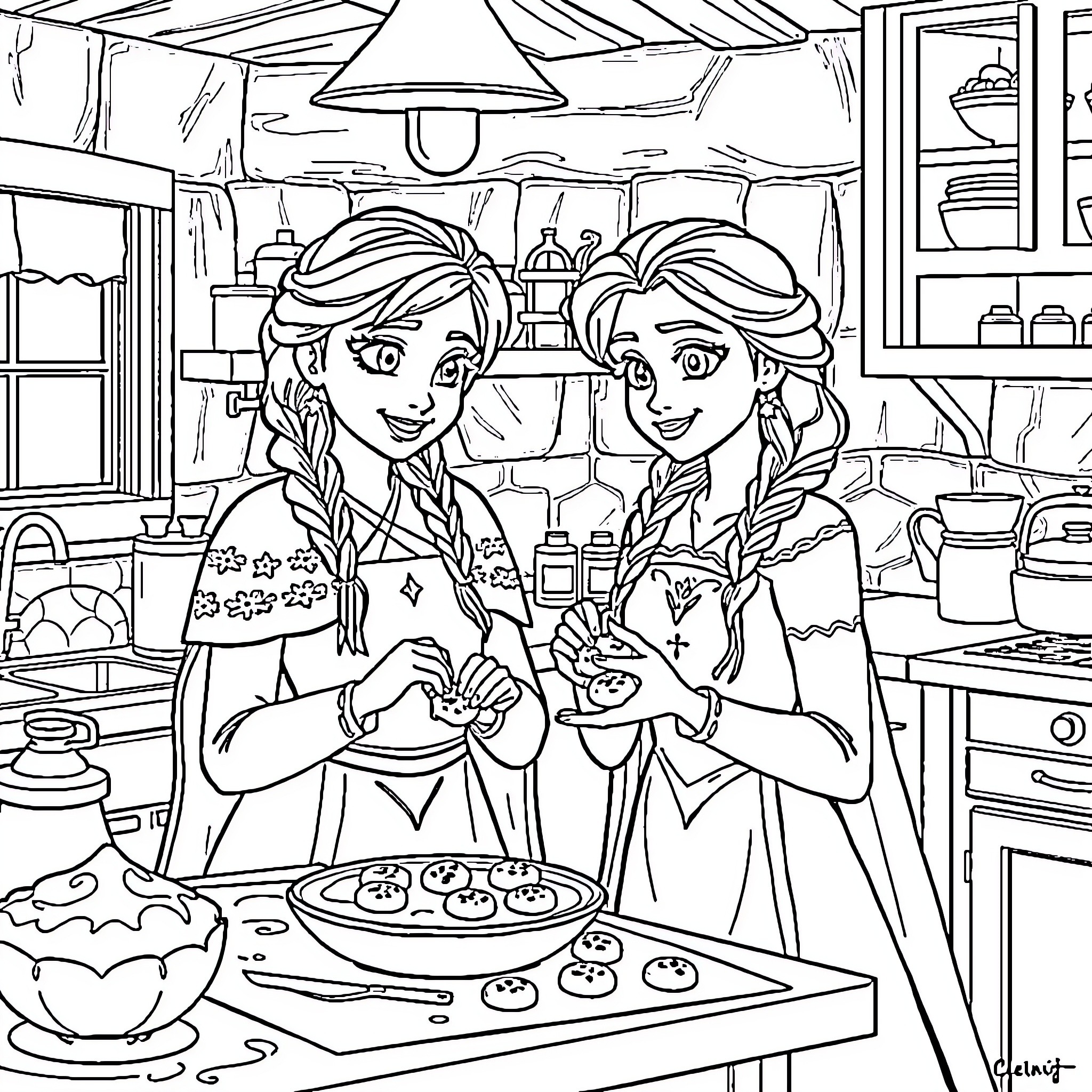 Anna and Elsa Baking Cookies in the Kitchen Coloring Page (free black-and-white line drawing printable PDF for all, from beginners to advanced learners, including children, teens, adults, and seniors)