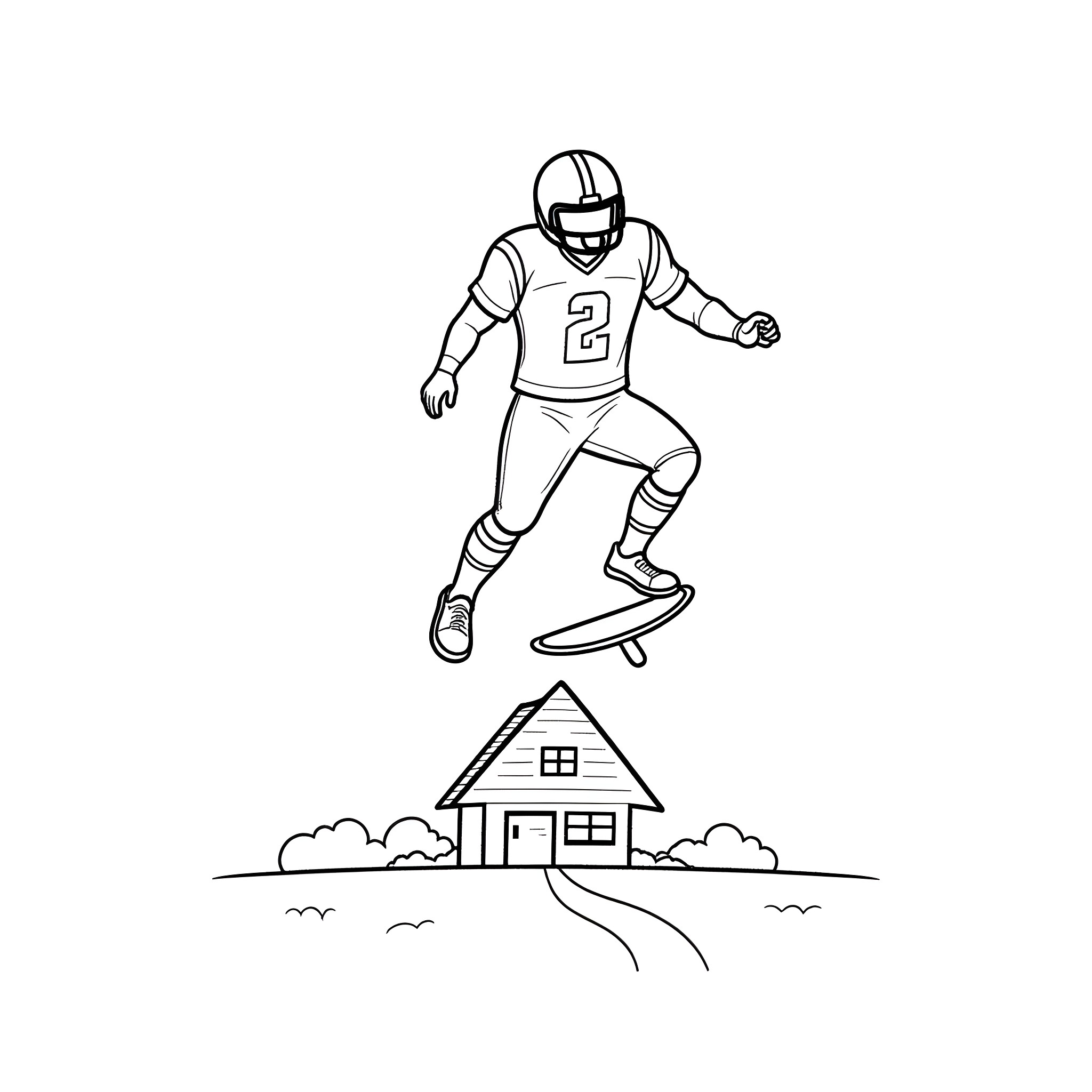 Football Player Jumping on Skateboard Towards House Coloring Page (free black-and-white line drawing printable PDF for all, from beginners to advanced learners, including children, teens, adults, and seniors)