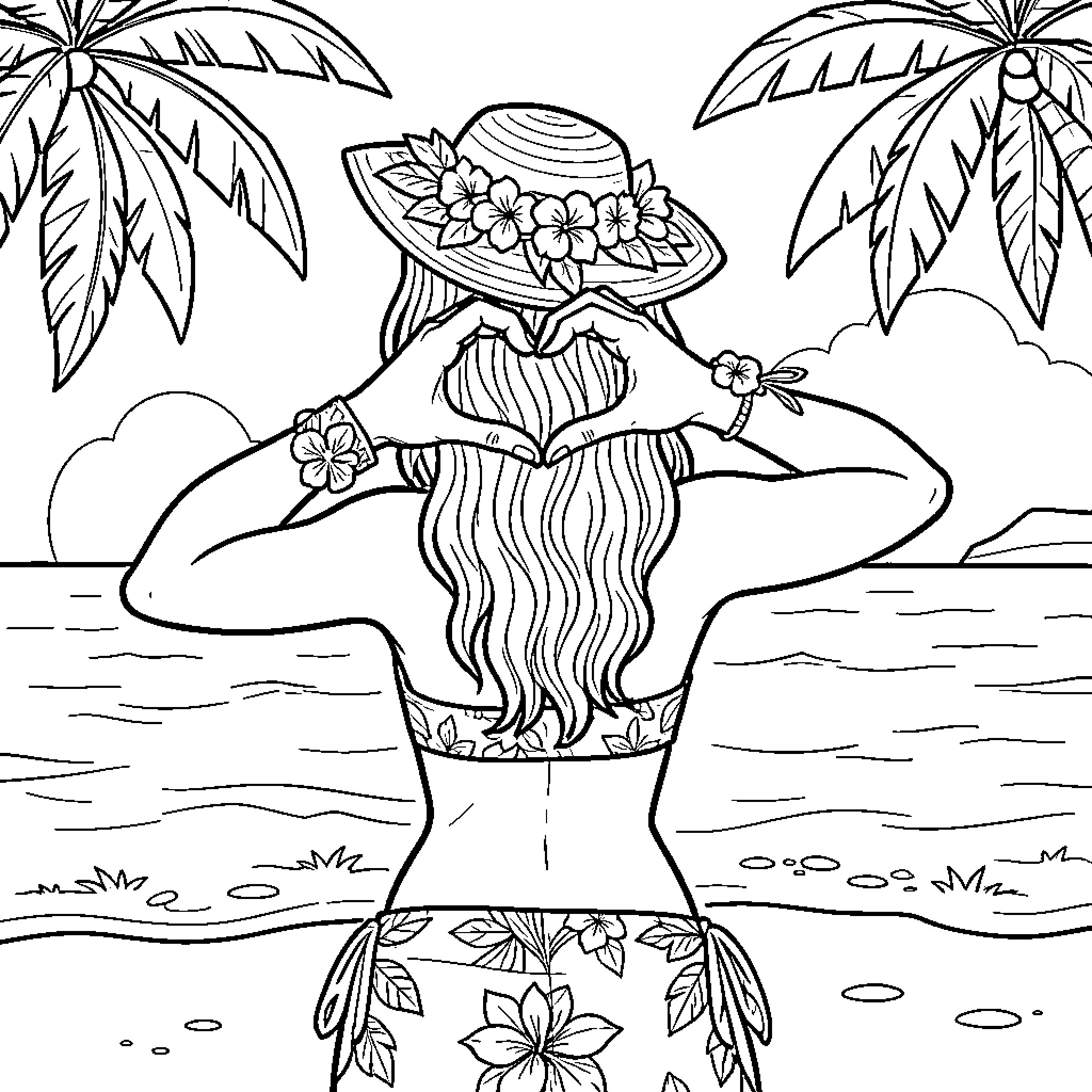 Hawaienne in floral swimsuit enjoys tropical beach Coloring Page (free black-and-white line drawing printable PDF for all, from beginners to advanced learners, including children, teens, adults, and seniors)