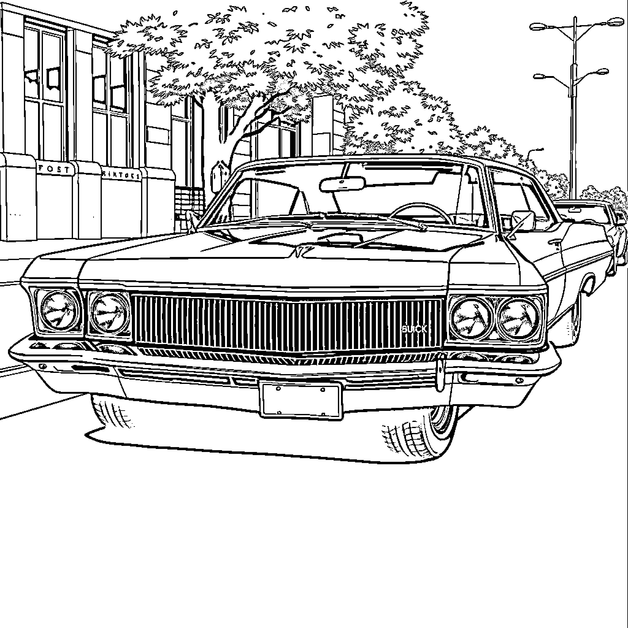 Buick Sedan Parked on City Street Coloring Page (free black-and-white line drawing printable PDF for all, from beginners to advanced learners, including children, teens, adults, and seniors)