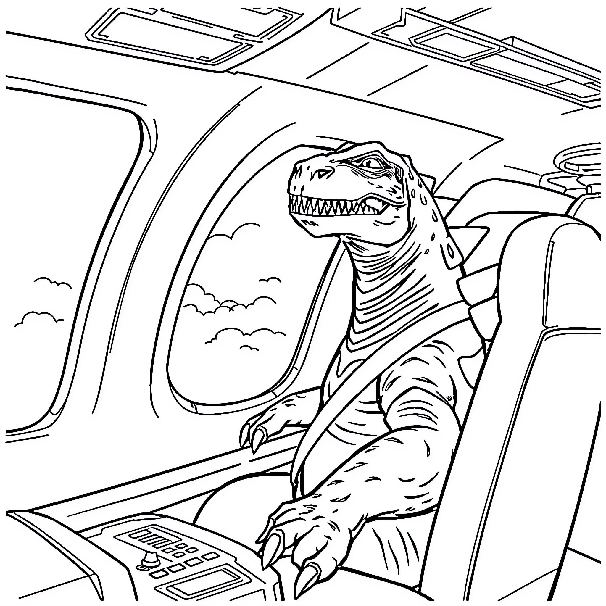 Godzilla Driving Menacingly Through City Streets Coloring Page (free black-and-white line drawing printable PDF for all, from beginners to advanced learners, including children, teens, adults, and seniors)