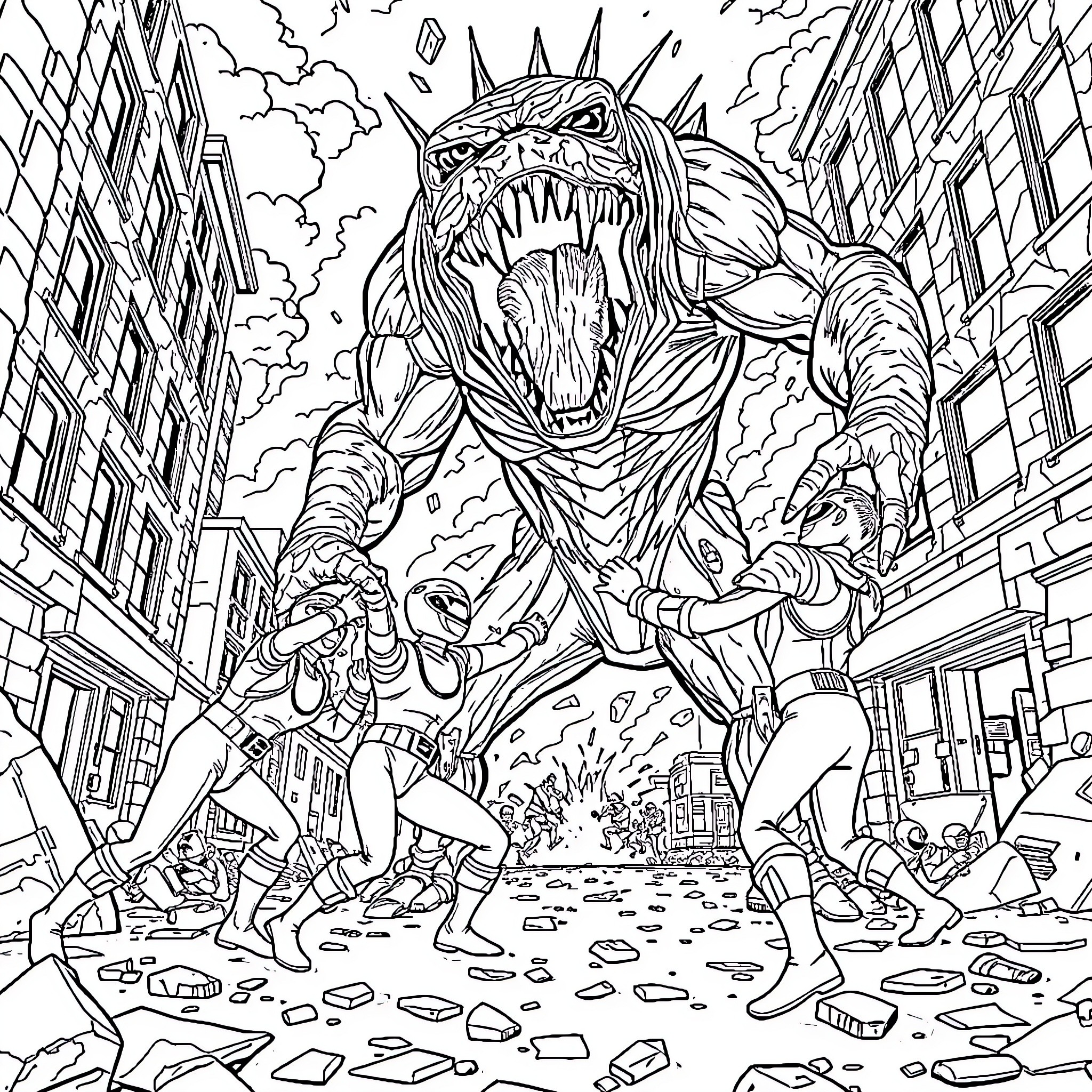Power Rangers facing a monstrous creature in a city Coloring Page (free black-and-white line drawing printable PDF for all, from beginners to advanced learners, including children, teens, adults, and seniors)