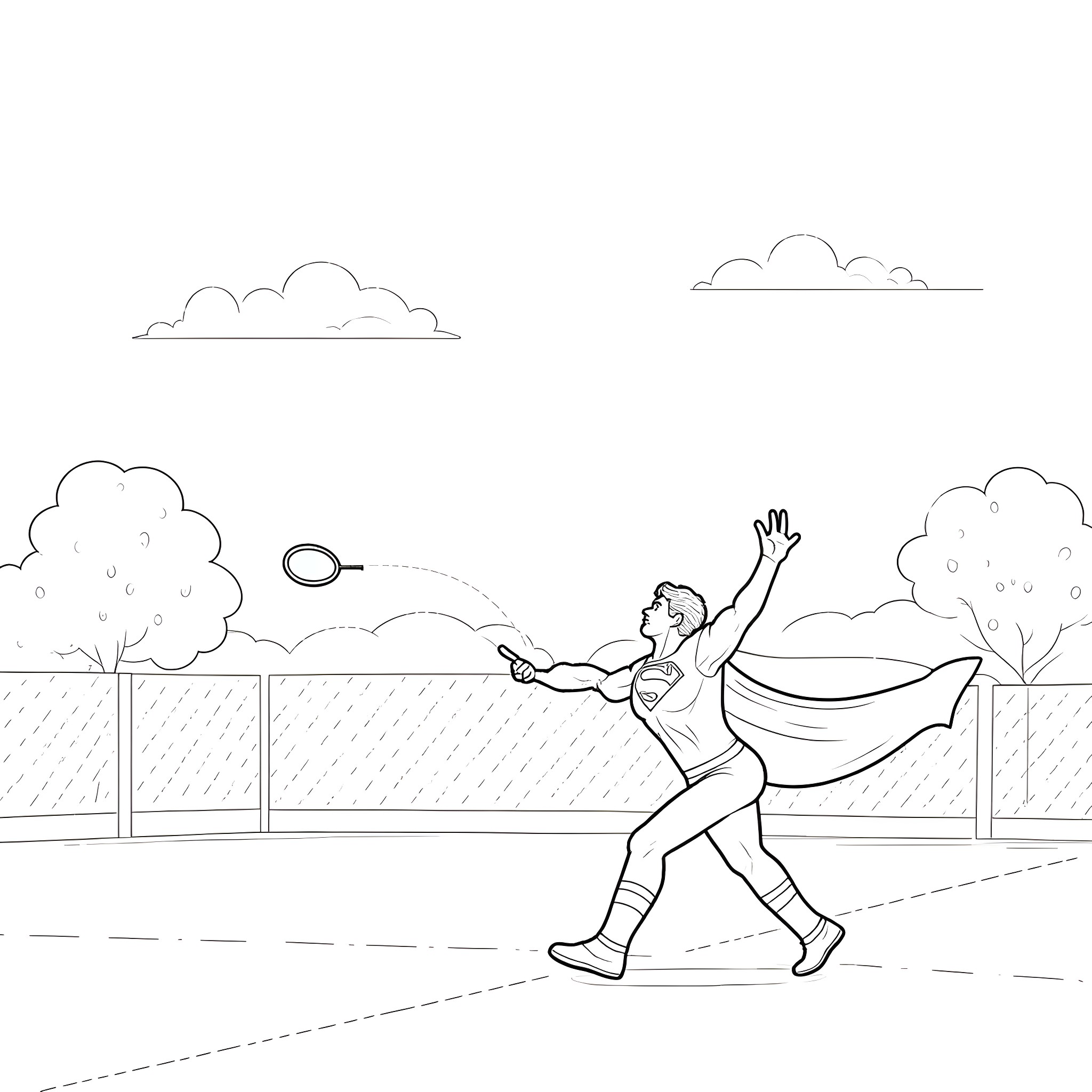 Superman playing badminton outdoors on a sunny day Coloring Page (free black-and-white line drawing printable PDF for all, from beginners to advanced learners, including children, teens, adults, and seniors)