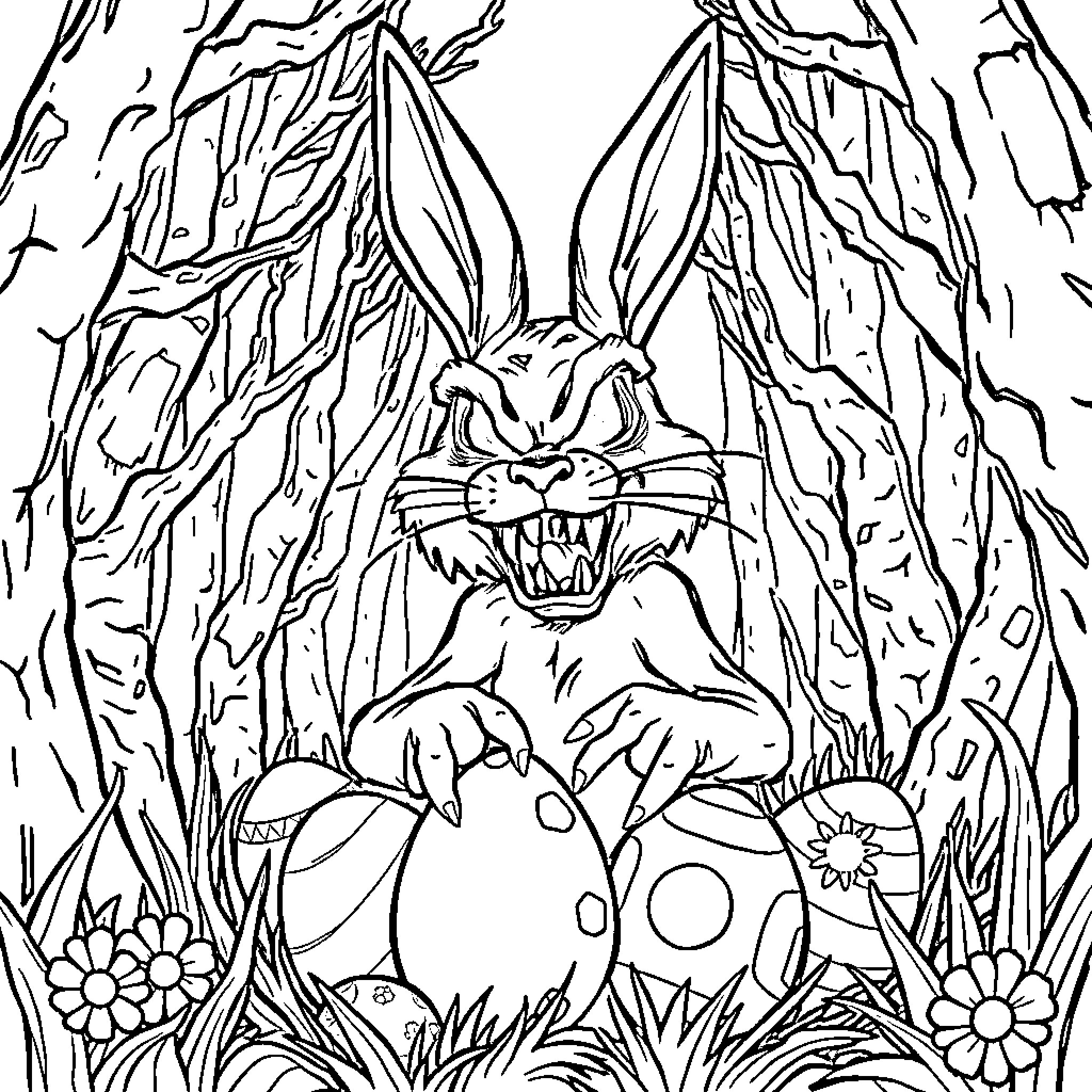 Easter Bunny in a Menacing Forest Coloring Page (free black-and-white line drawing printable PDF for all, from beginners to advanced learners, including children, teens, adults, and seniors)