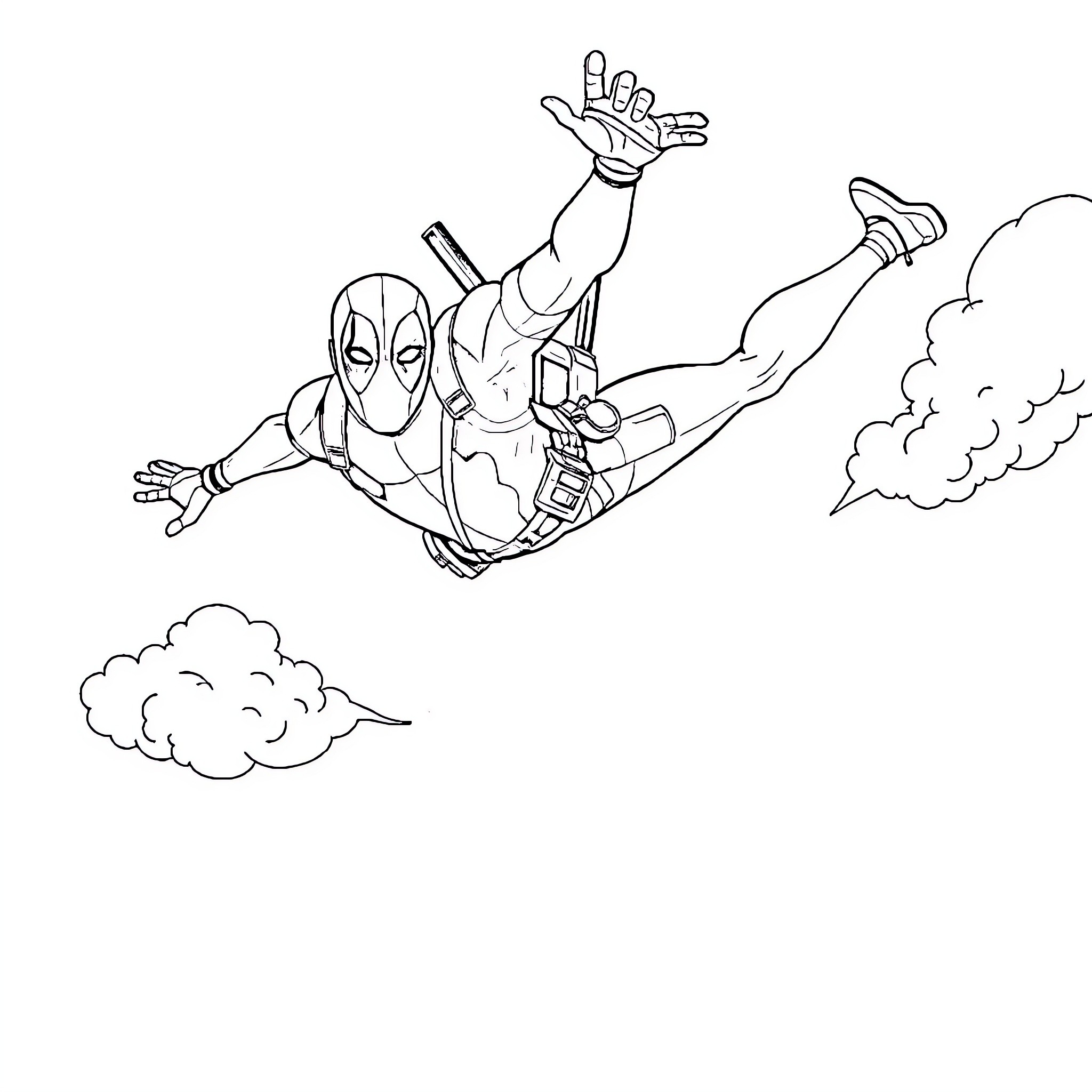 Deadpool in high-speed aerial acrobatics Coloring Page (free black-and-white line drawing printable PDF for all, from beginners to advanced learners, including children, teens, adults, and seniors)