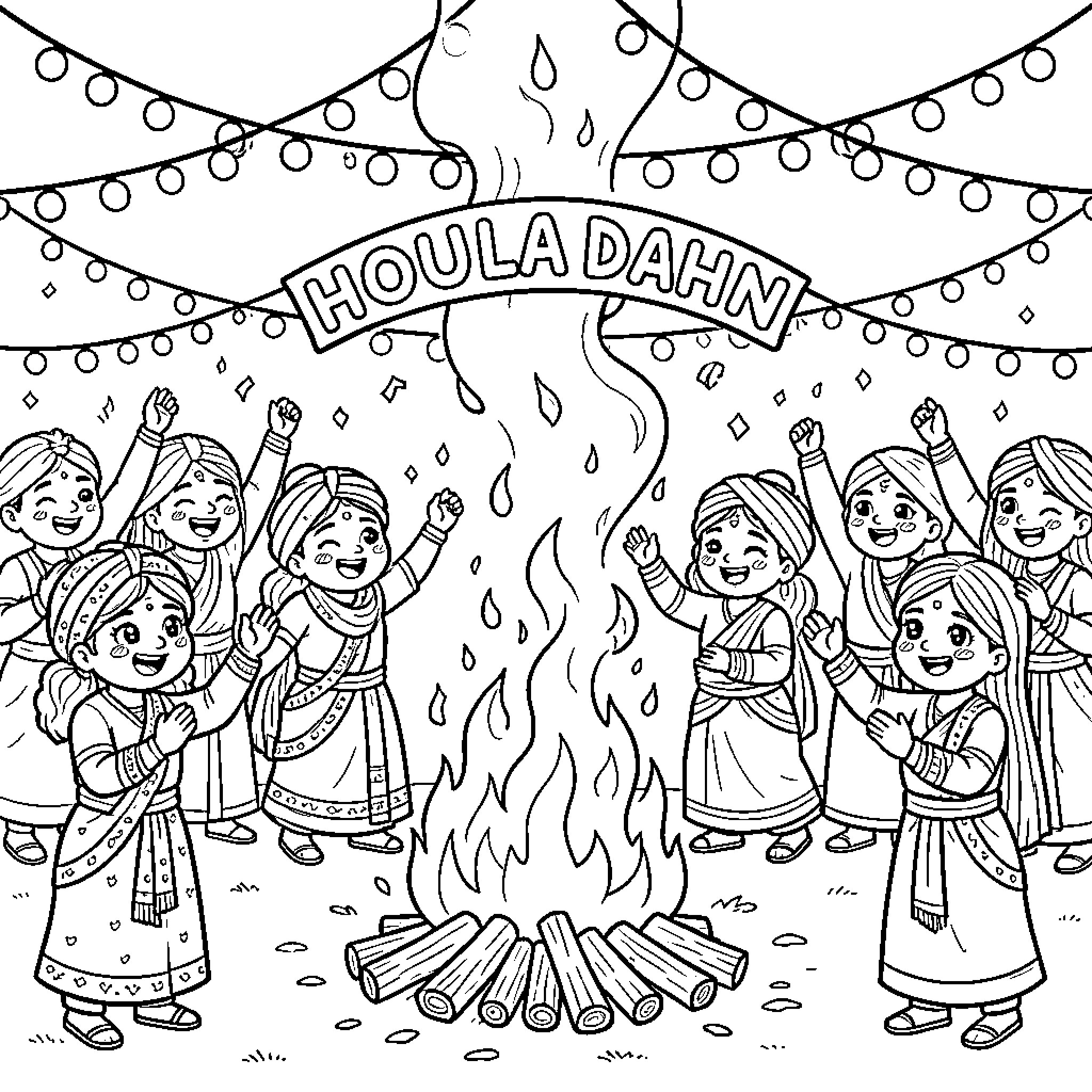 Holika Dahan: Celebration of Good over Evil Coloring Page (free black-and-white line drawing printable PDF for all, from beginners to advanced learners, including children, teens, adults, and seniors)