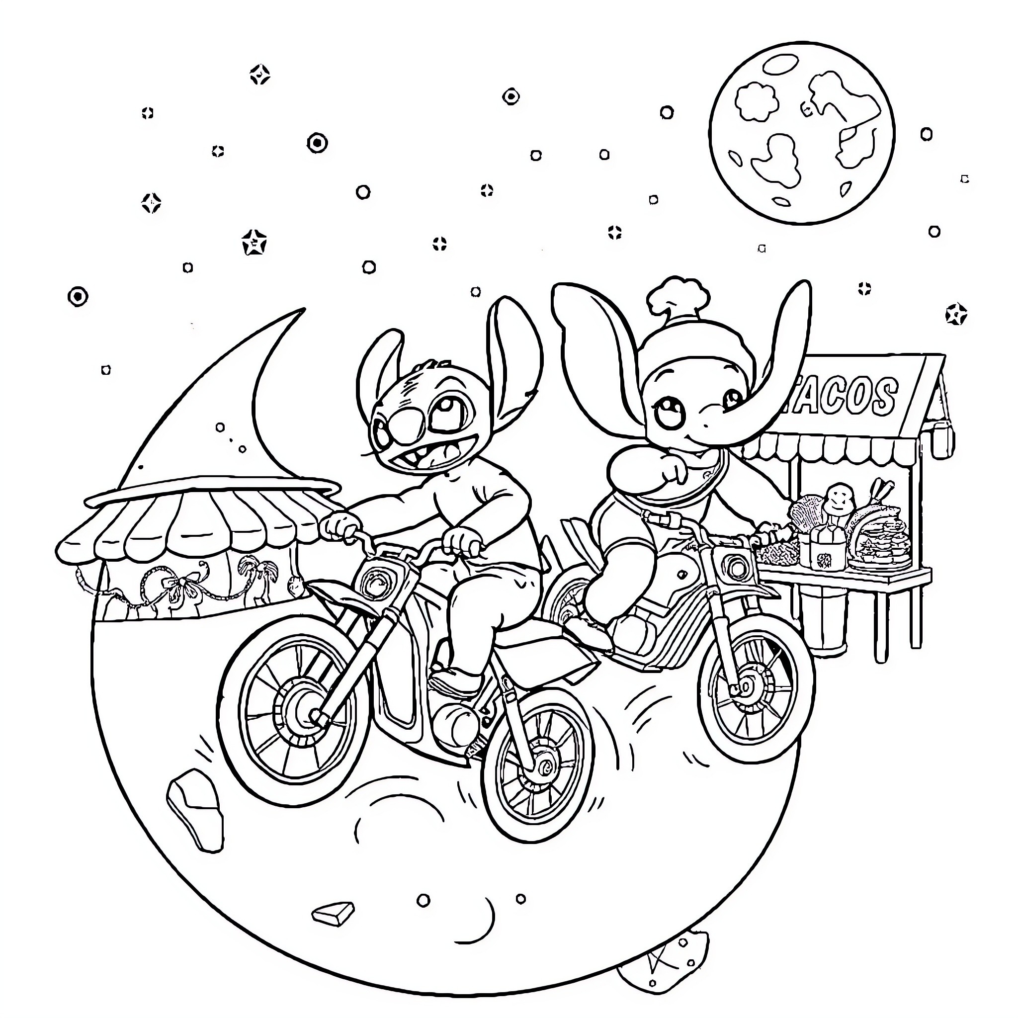 Stitch riding a motorcycle with a taco stand Coloring Page (free black-and-white line drawing printable PDF for all, from beginners to advanced learners, including children, teens, adults, and seniors)