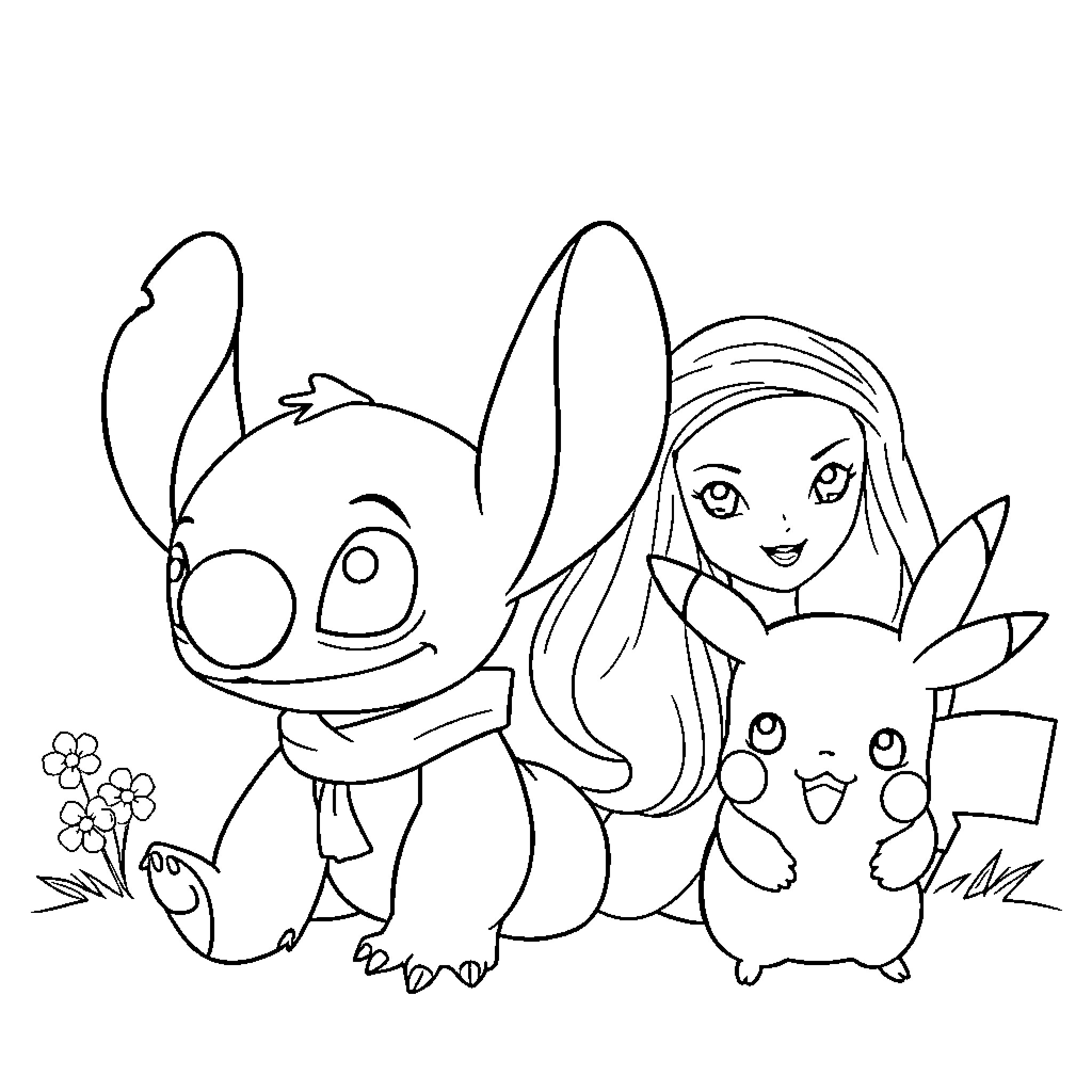 Stitch enjoying the outdoors with friends Coloring Page (free black-and-white line drawing printable PDF for all, from beginners to advanced learners, including children, teens, adults, and seniors)