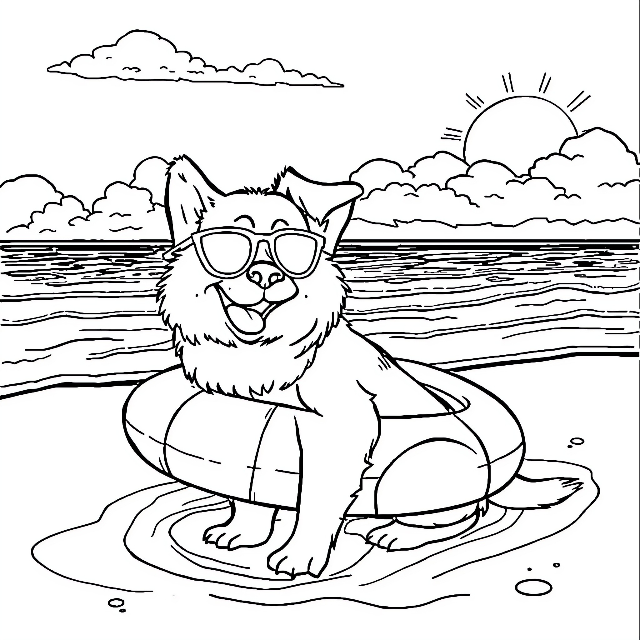 Perro enjoying the sunny beach day Coloring Page (free black-and-white line drawing printable PDF for all, from beginners to advanced learners, including children, teens, adults, and seniors)