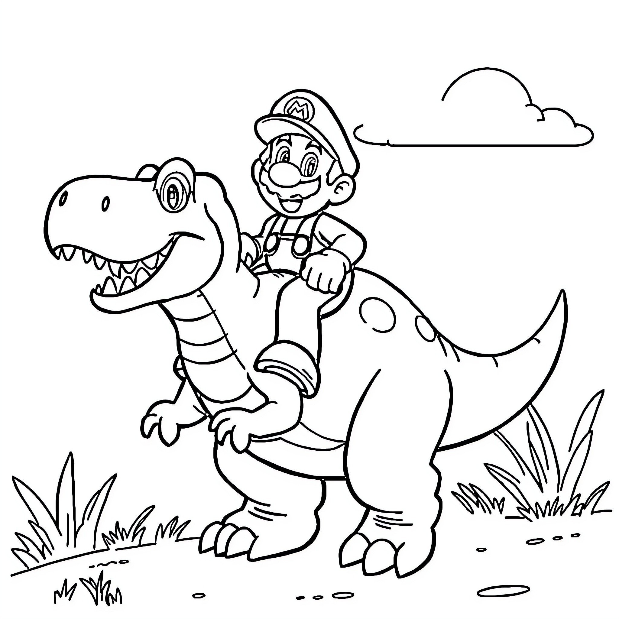 Mario riding a playful dinosaur Coloring Page (free black-and-white line drawing printable PDF for all, from beginners to advanced learners, including children, teens, adults, and seniors)