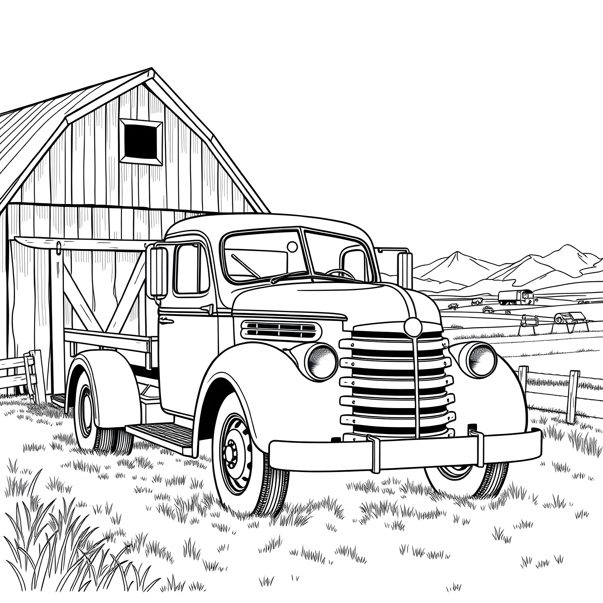 Truck parked in front of a rustic barn in a scenic landscape Coloring Page (free black-and-white line drawing printable PDF for all, from beginners to advanced learners, including children, teens, adults, and seniors)