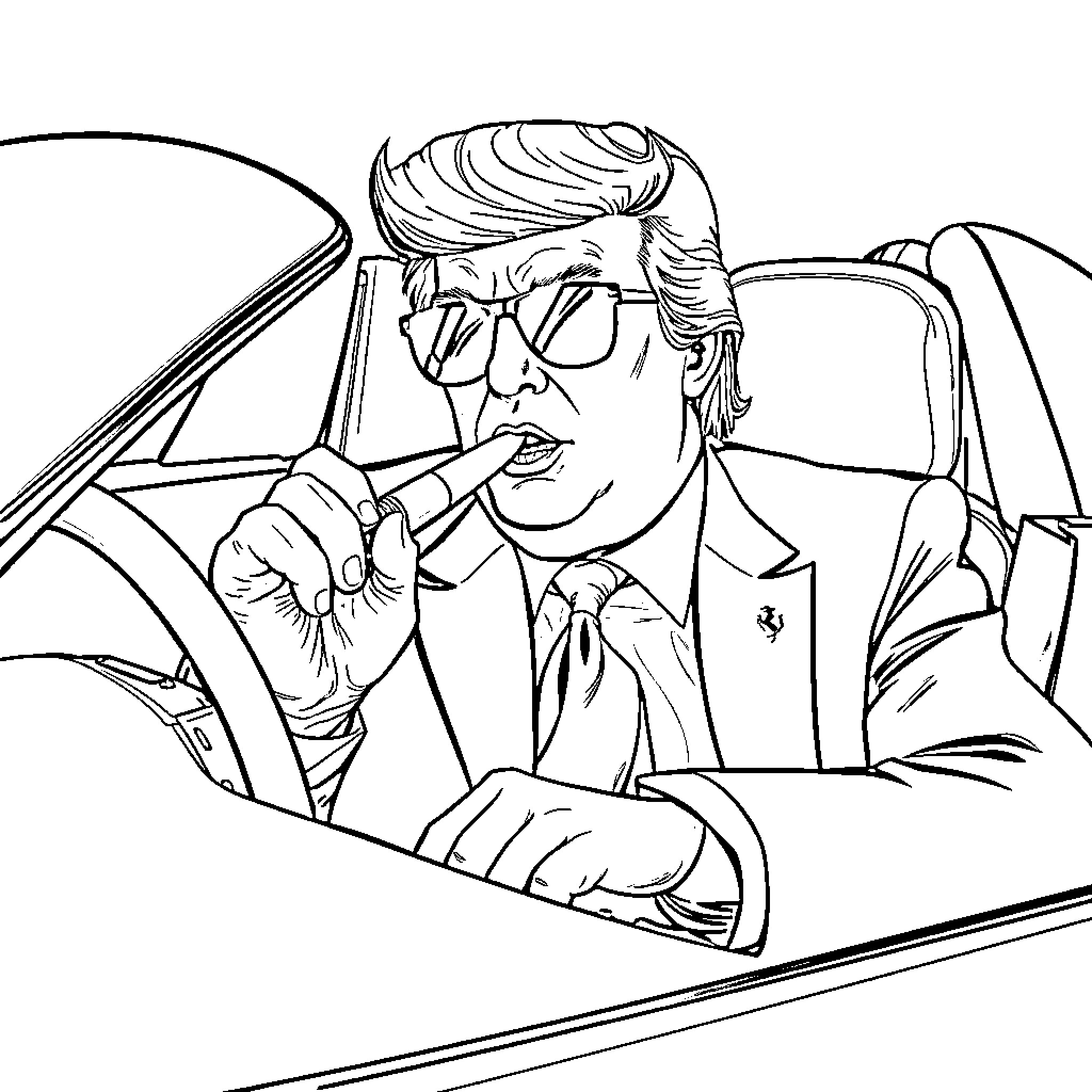 Donald Trump Driving a Car with Animated Expressions Coloring Page (free black-and-white line drawing printable PDF for all, from beginners to advanced learners, including children, teens, adults, and seniors)