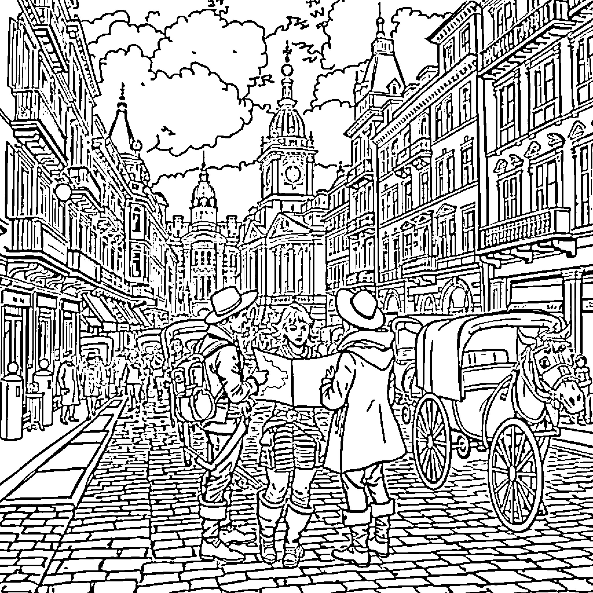 Explorer strolling through historic city street Coloring Page (free black-and-white line drawing printable PDF for all, from beginners to advanced learners, including children, teens, adults, and seniors)