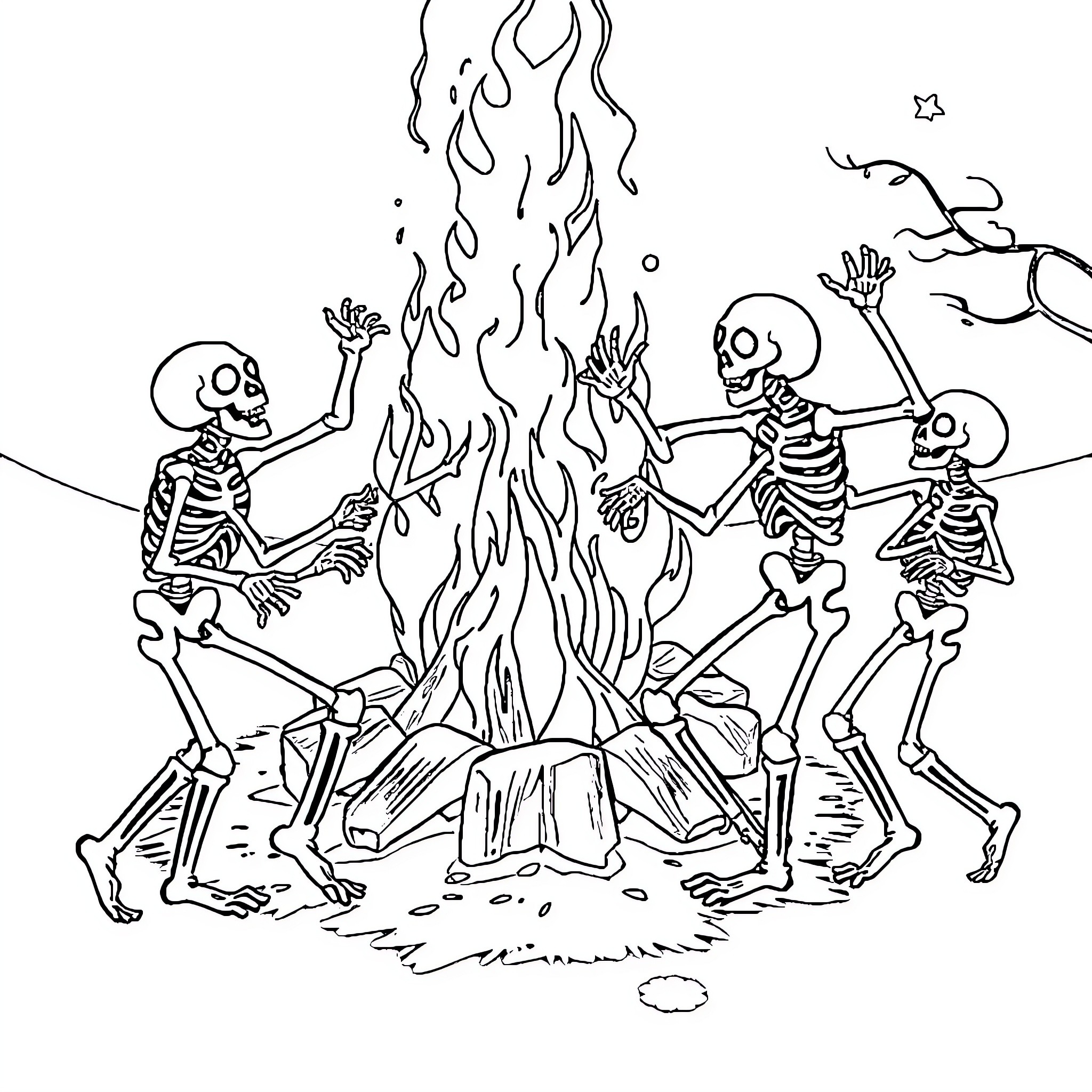 Skeleton Spirits Gathered Around a Campfire Coloring Page (free black-and-white line drawing printable PDF for all, from beginners to advanced learners, including children, teens, adults, and seniors)