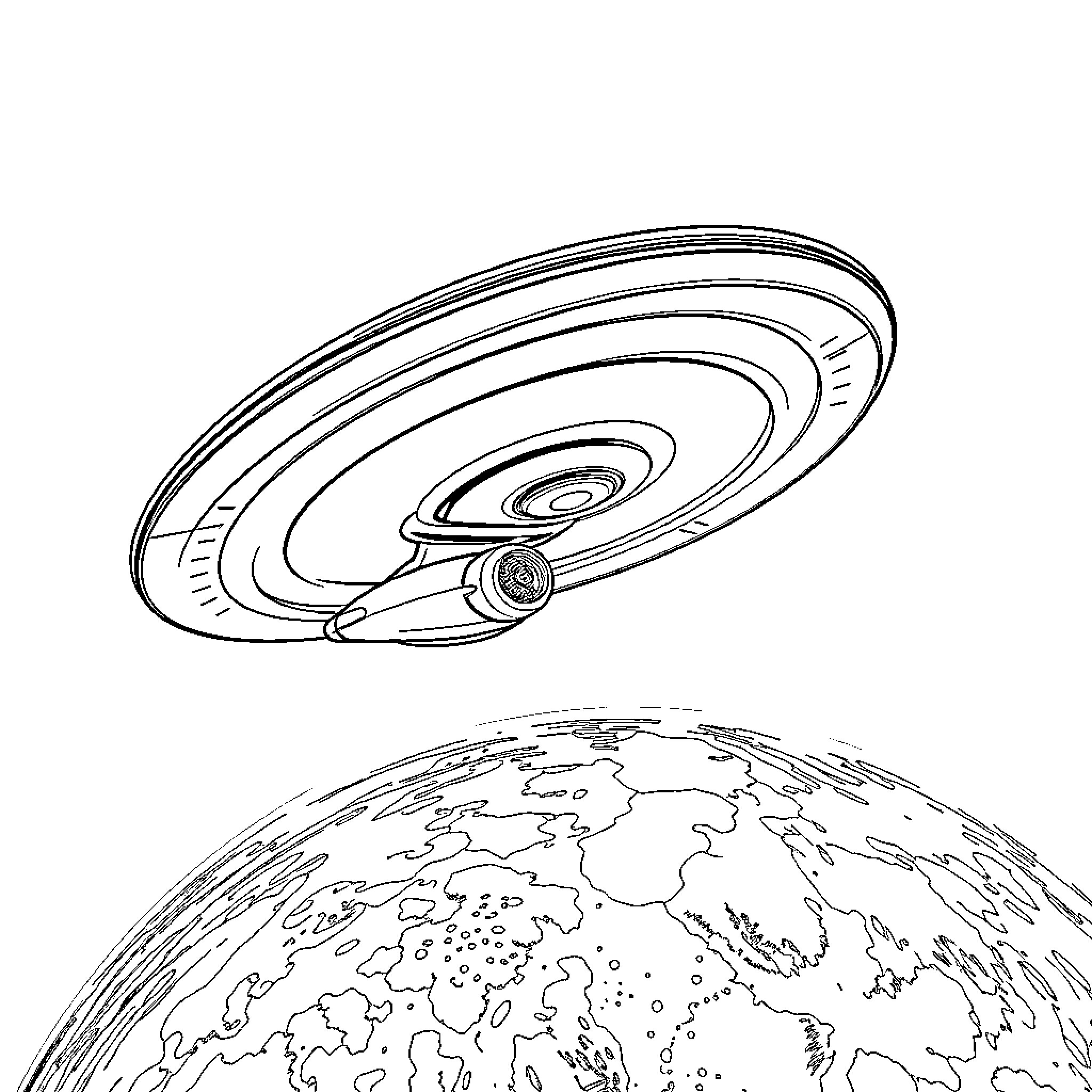 Starship approaching a planet from space Coloring Page (free black-and-white line drawing printable PDF for all, from beginners to advanced learners, including children, teens, adults, and seniors)