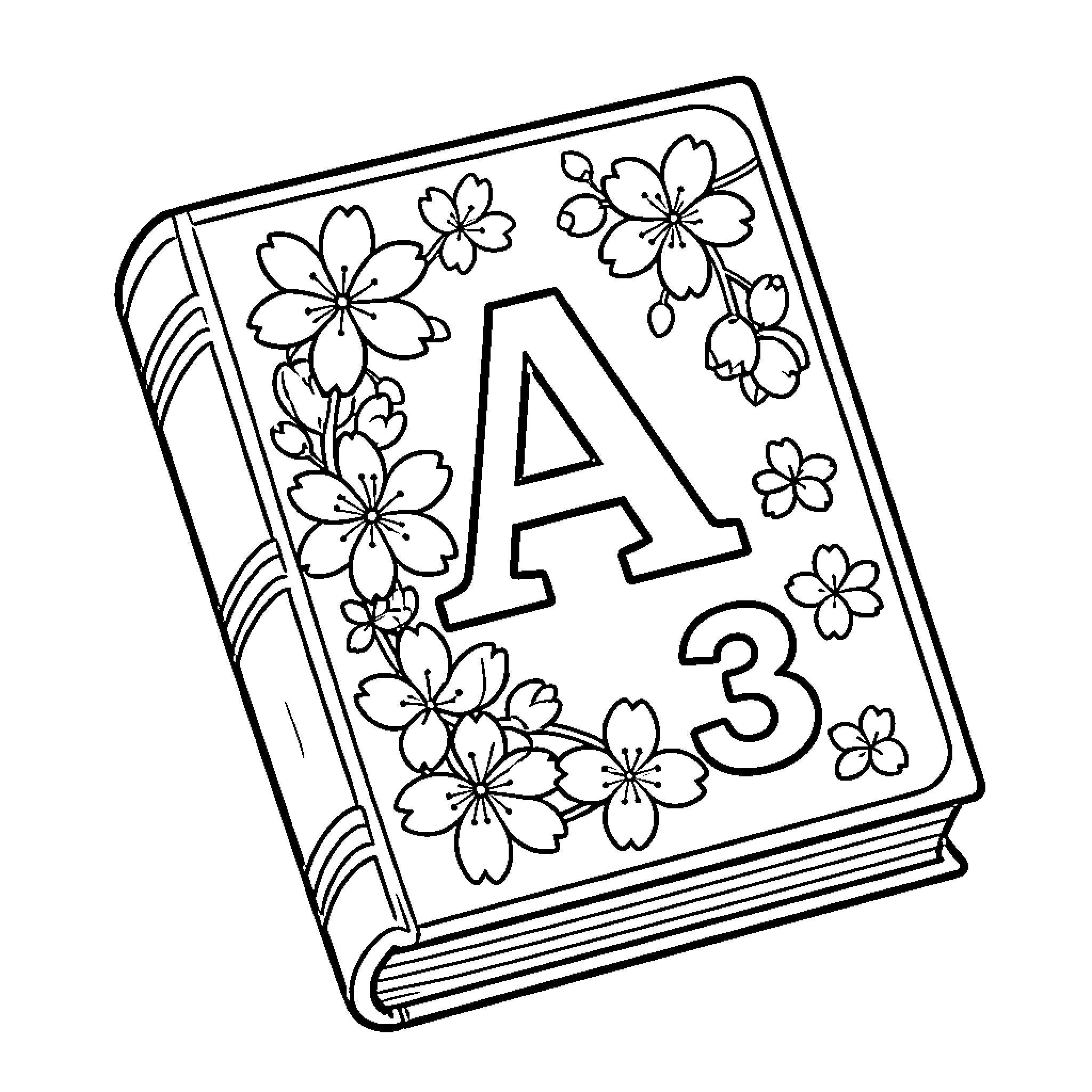 Cherry Blossom patterns decorating a hardcover book Coloring Page (free black-and-white line drawing printable PDF for all, from beginners to advanced learners, including children, teens, adults, and seniors)
