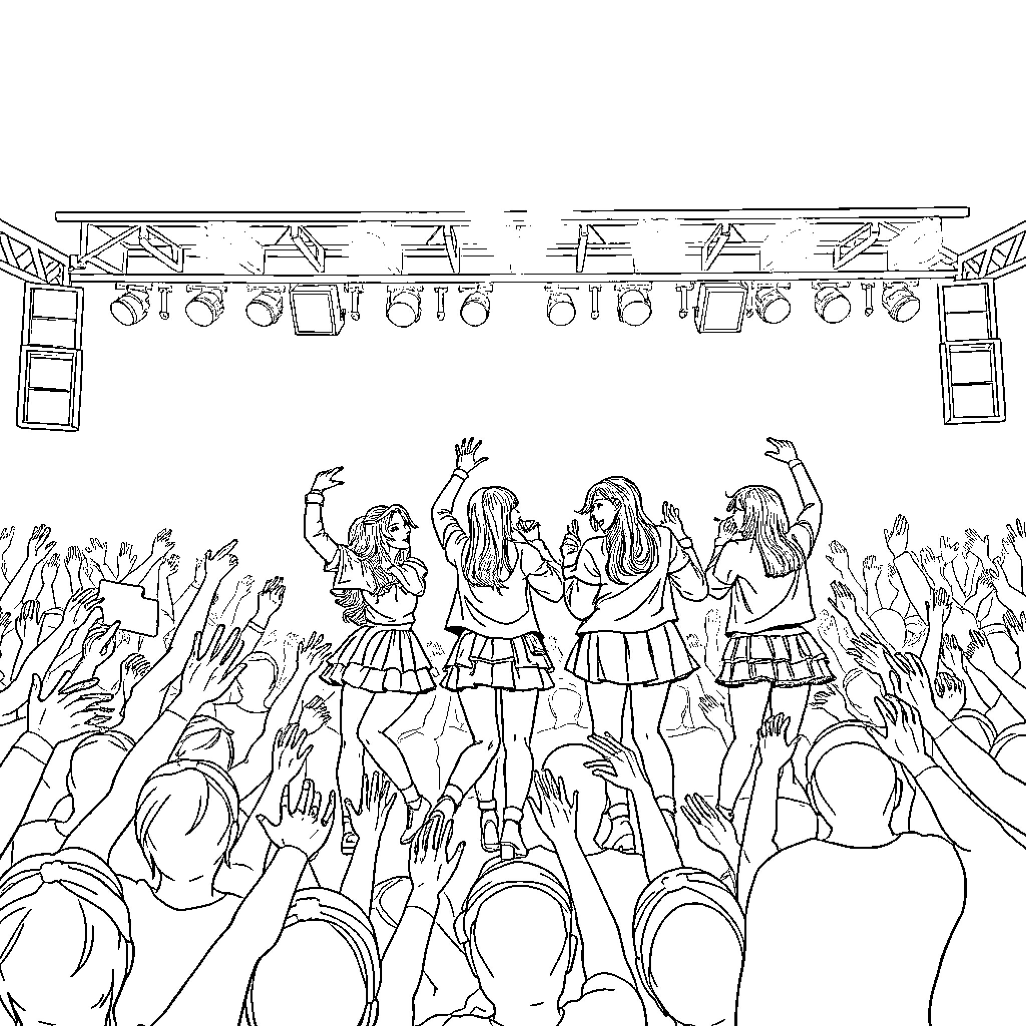 K Pop Performers Energizing the Crowd with Lively Moves Coloring Page (free black-and-white line drawing printable PDF for all, from beginners to advanced learners, including children, teens, adults, and seniors)